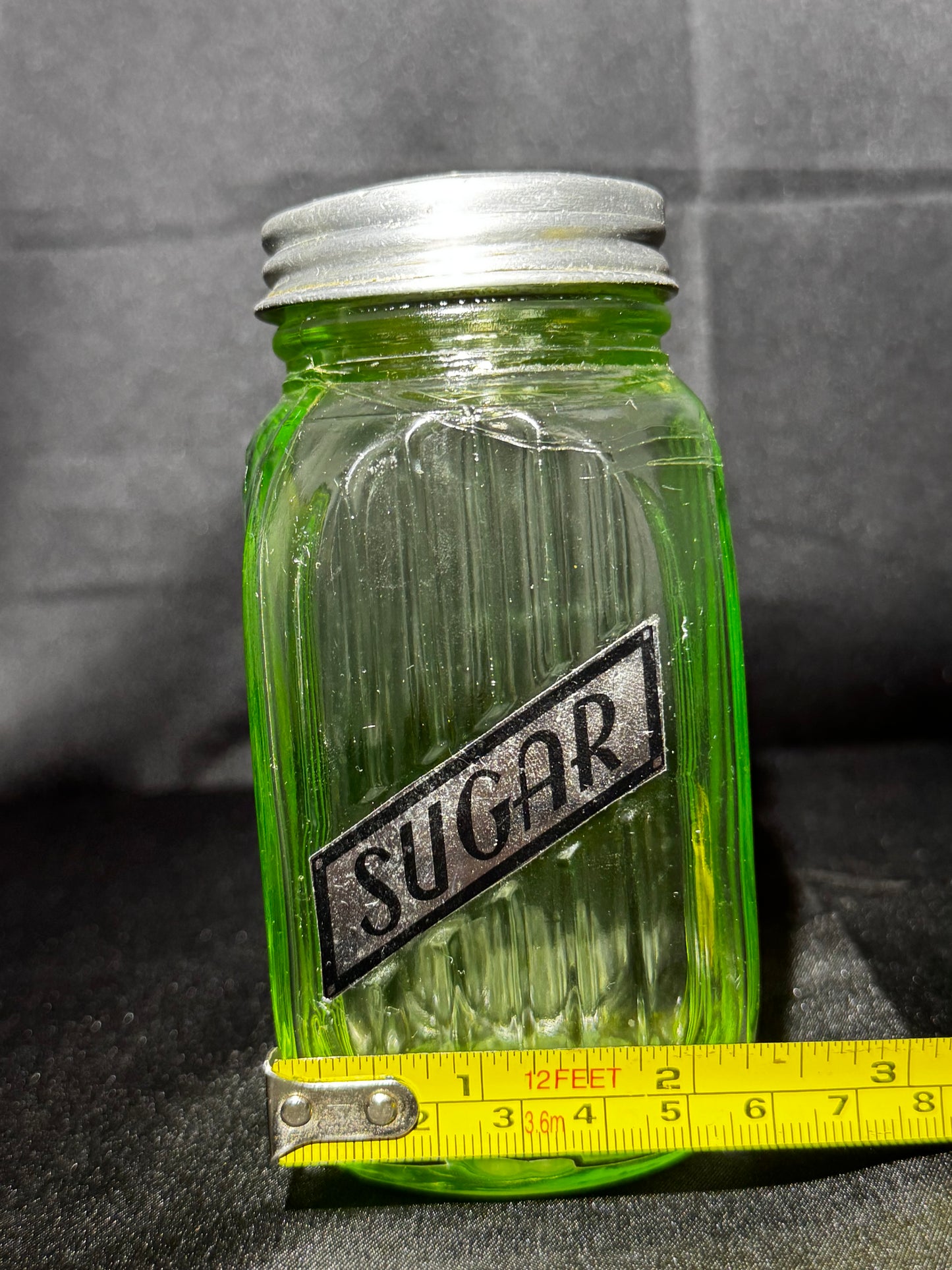 Vintage Anchor Hocking Uranium Glass SUGAR Shaker Ribbed Hoosier Jar w/ Metal Lid