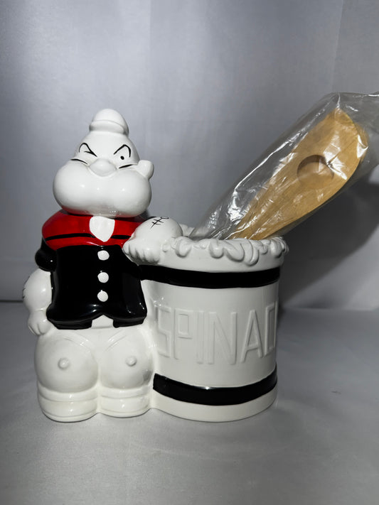 Benjamin and midwin 1995 Popeye the Sailor Man Ceramic Utensil Holder w/ Original Wood Utensils – Collectible Kitchen Decor