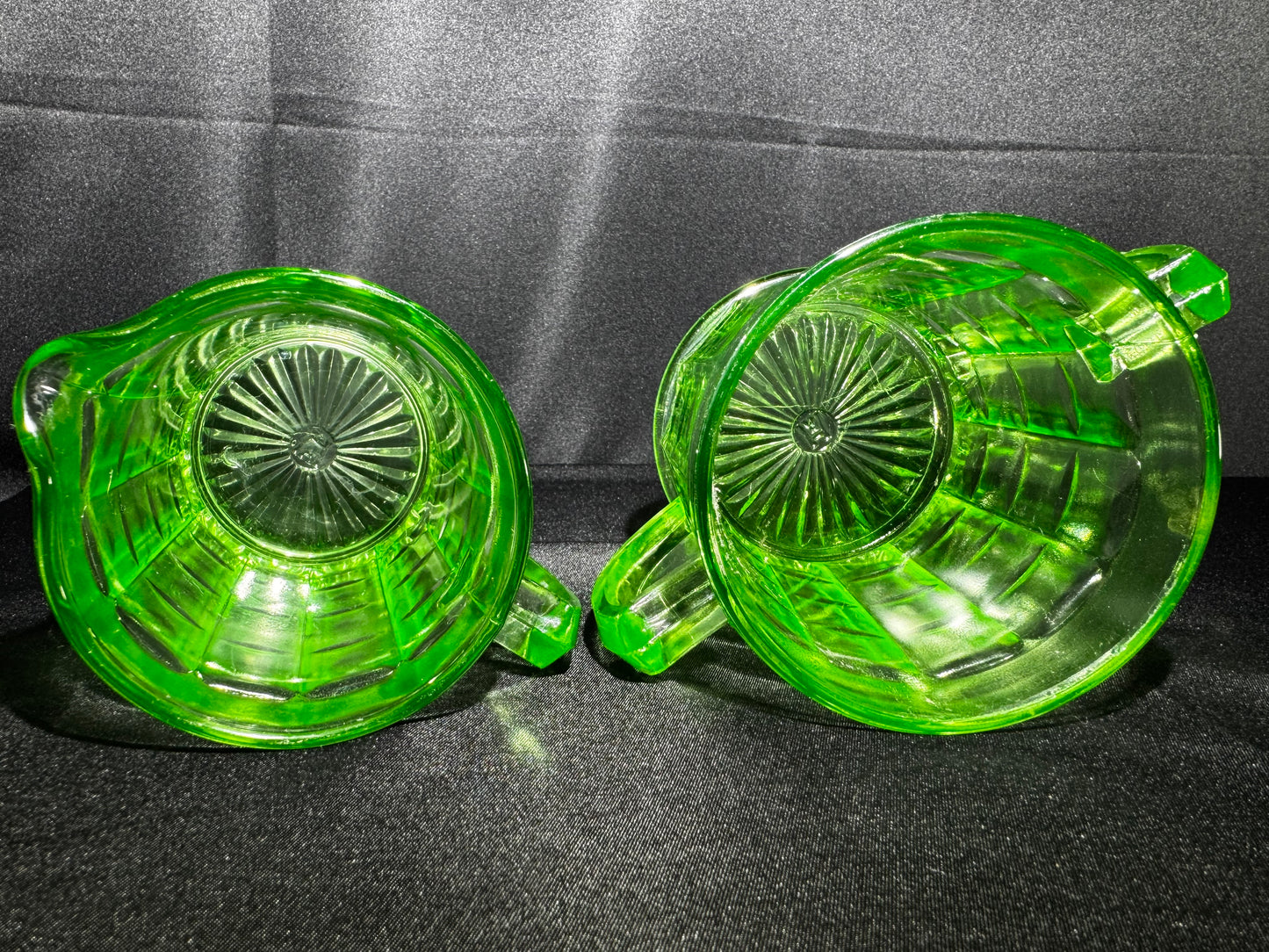 Vintage Hazel Atlas Colonial Block Green Uranium Depression Glass Creamer & Sugar Set