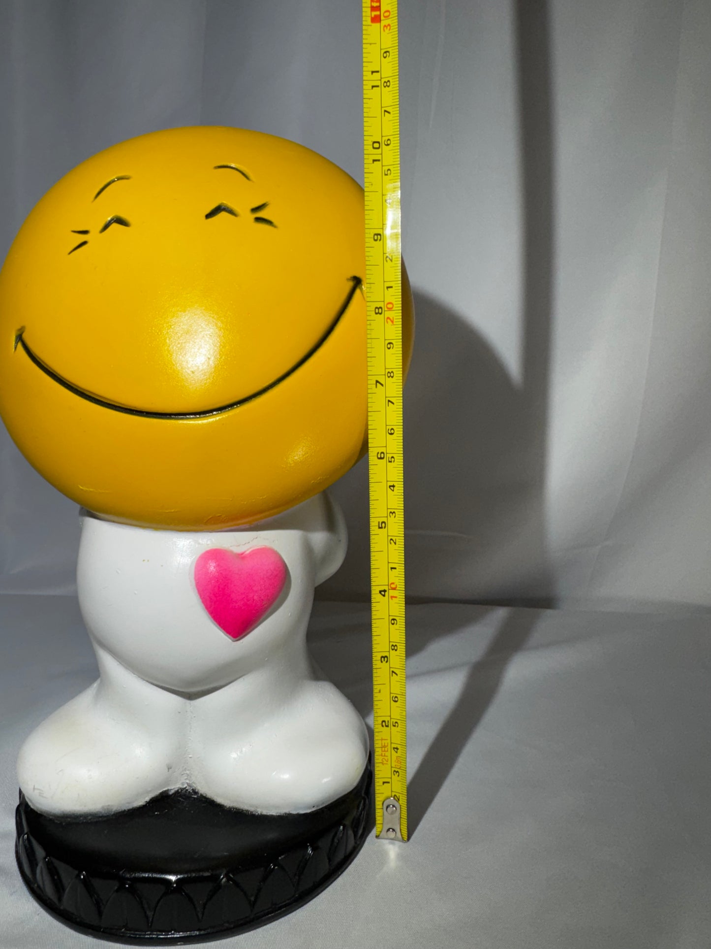 Vintage 1971 Play Pal Plastics Yellow Smiley Face Coin Bank 11” Blow Mold Heart
