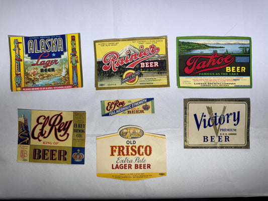 Vintage Beer Labels – Alaskan, El Rey, Rainier, Old Frisco, Tahoe & Victory – 7-Piece Collection