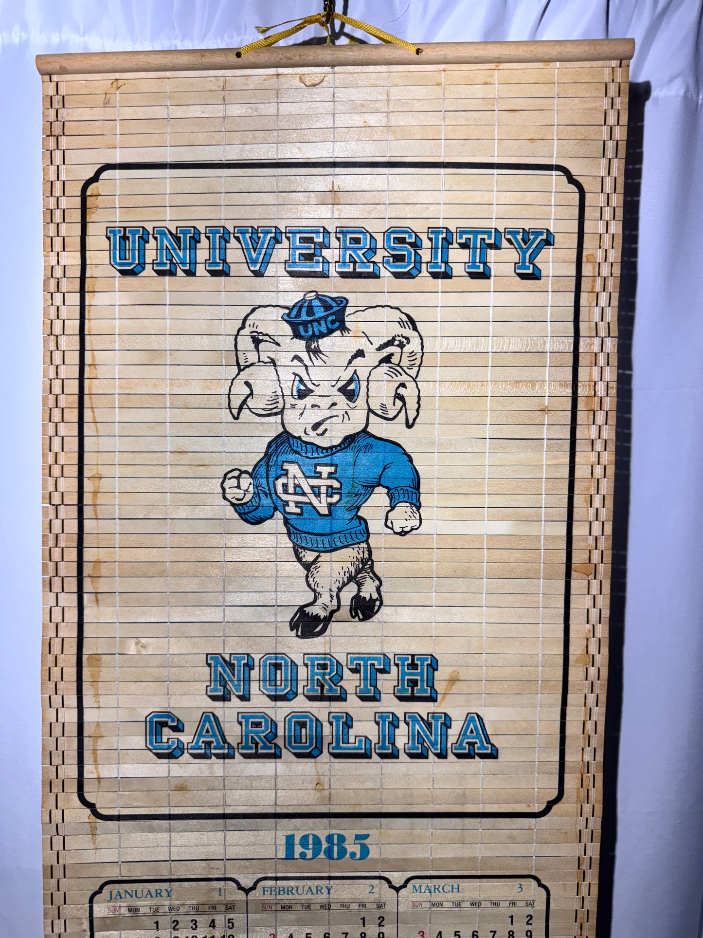 Vintage 1985 UNC University of North Carolina Tar Heels Bamboo Wall Calendar – Reversible