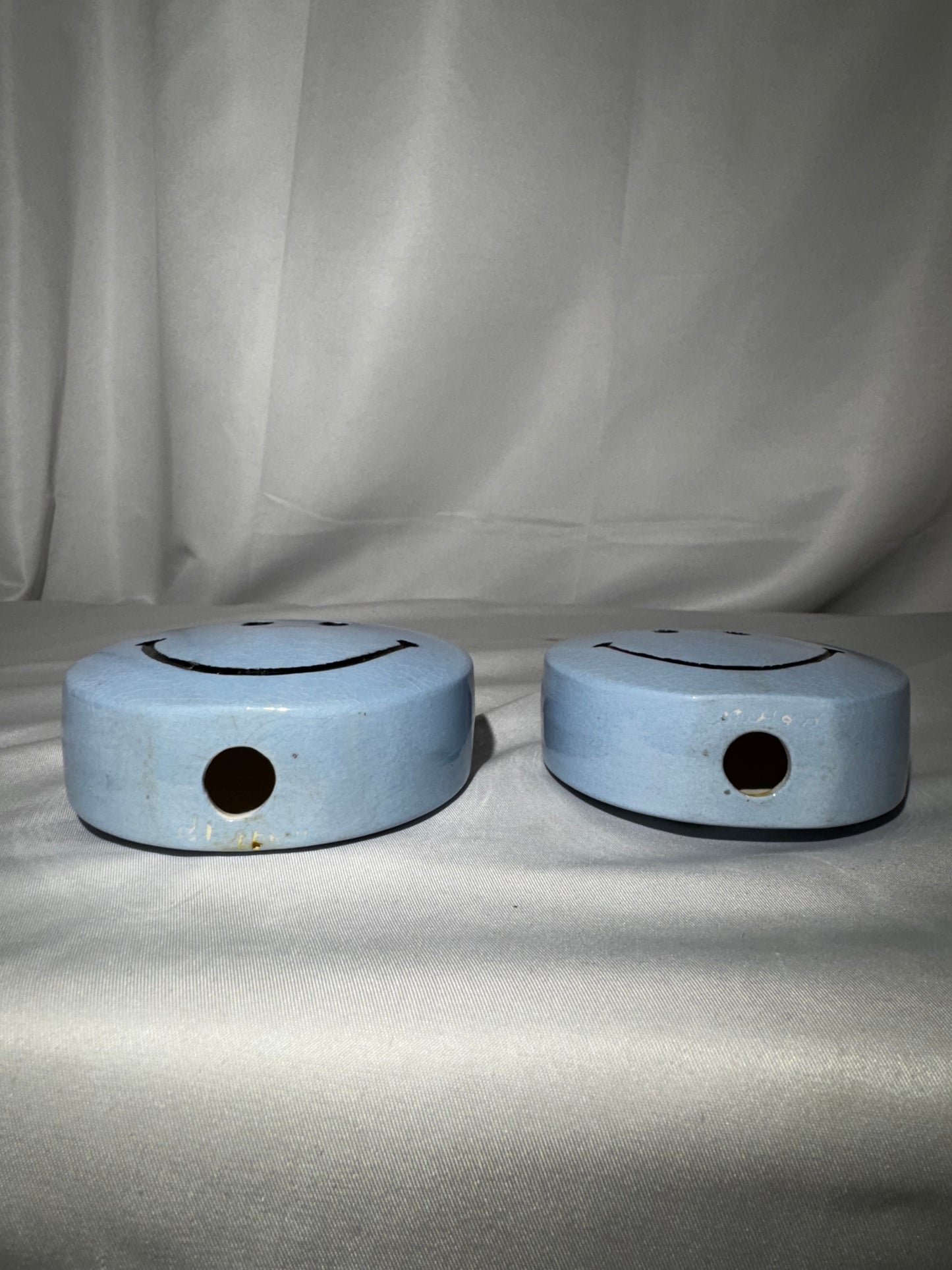 Vintage Blue Smiley Face Salt & Pepper Shakers Ceramic Happy Face Set Retro 1970s