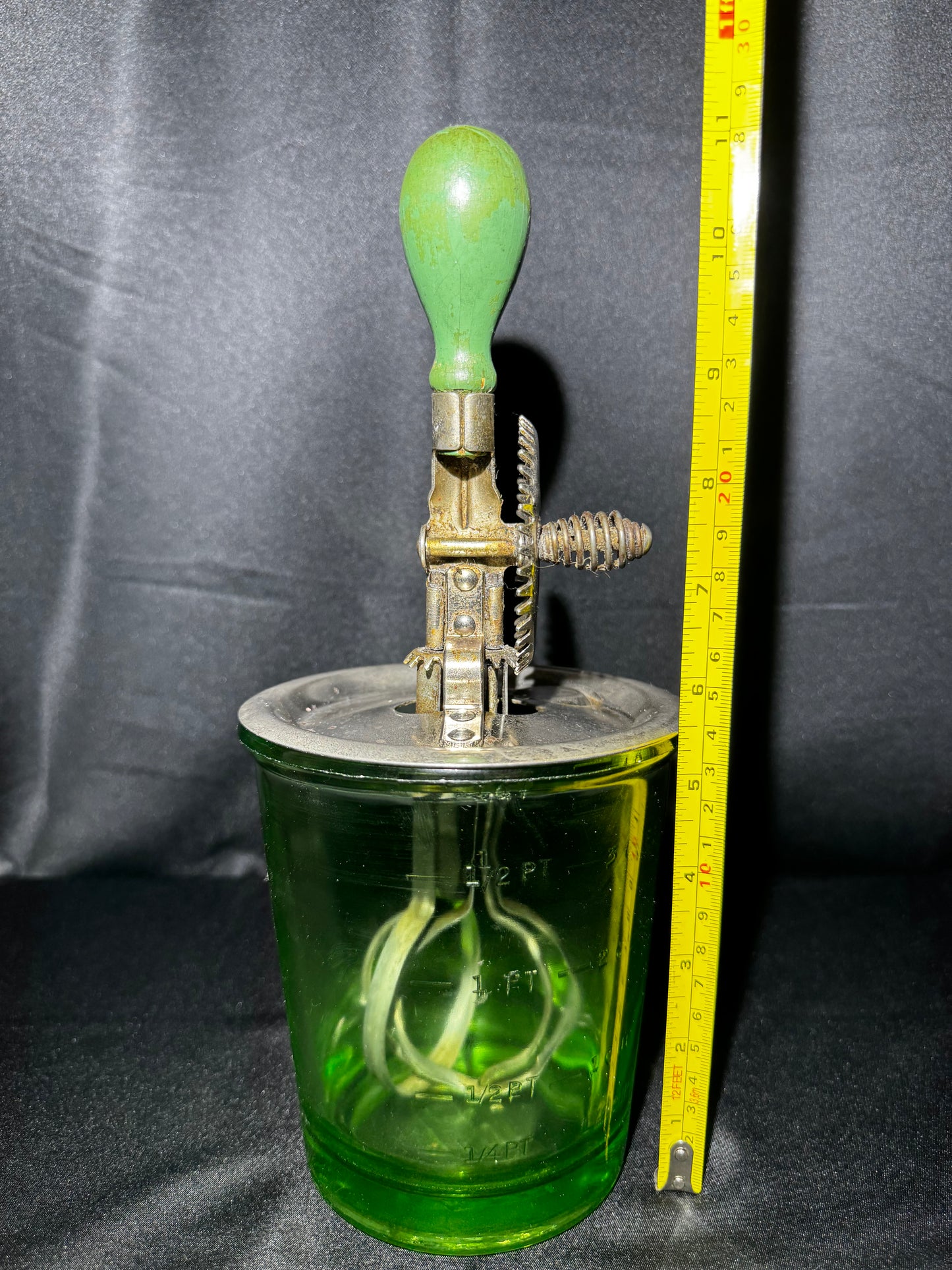 Vintage D&B Uranium Glass 4 Cup Measuring Cup A&J Hand Crank Mixer UV Glow Antique 11” Tall