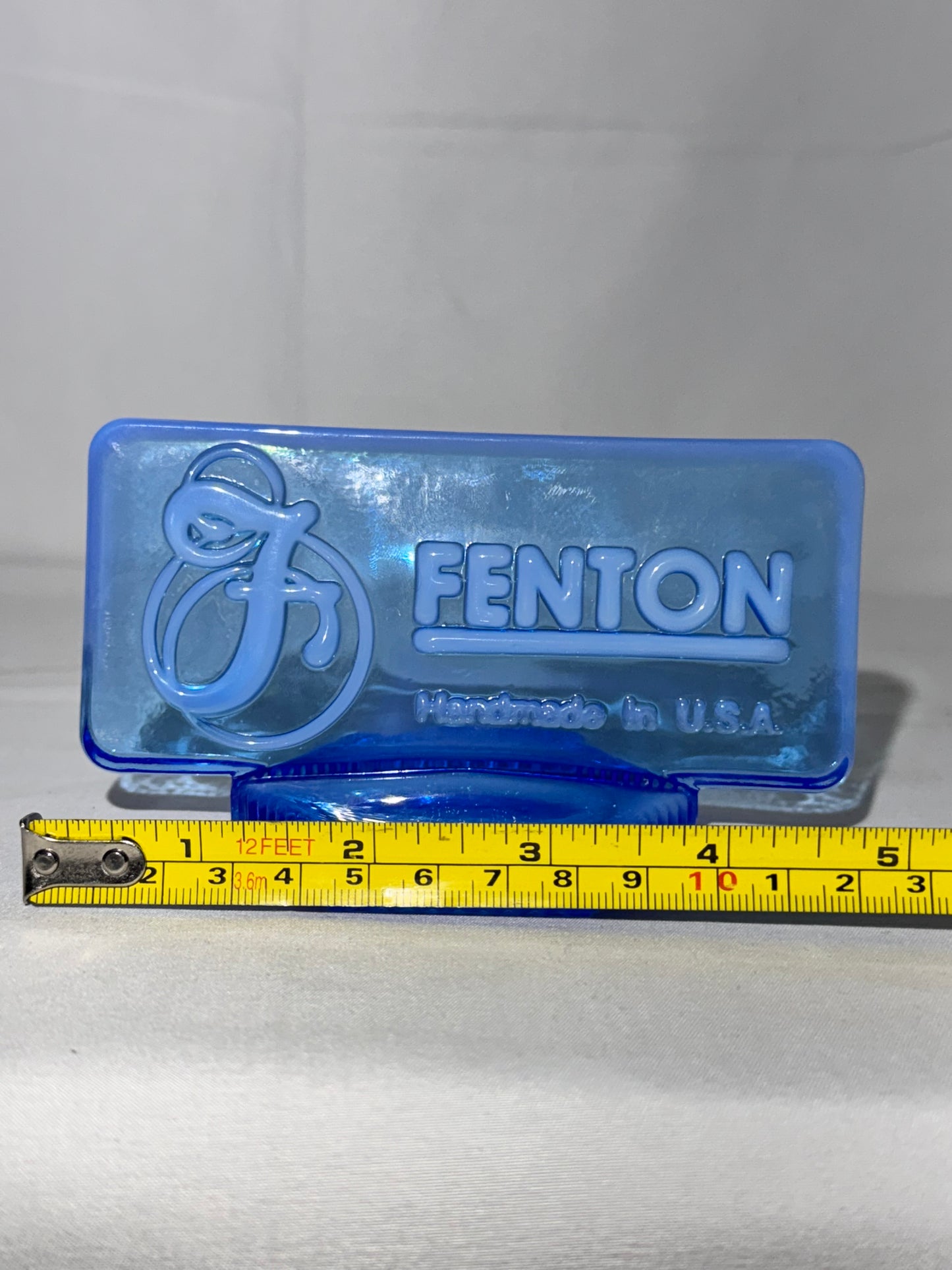 Fenton Blue Glass Logo Display Paperweight – Handmade in the USA – Dealer Point of Sale (1990s)