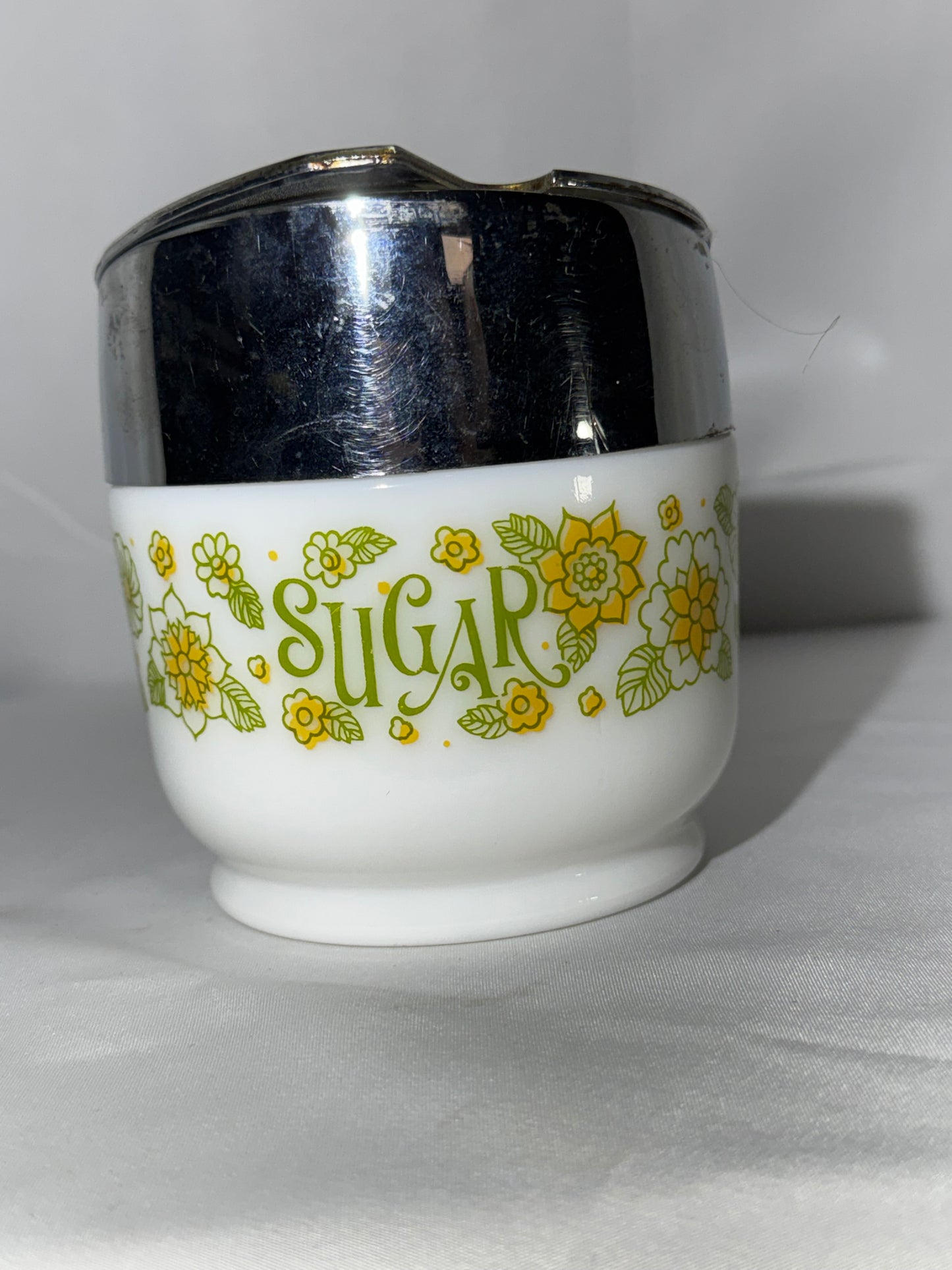 Vintage Gemco Spring Blossom Crazy Daisy Milk Glass Sugar Dispenser Chrome Lid USA