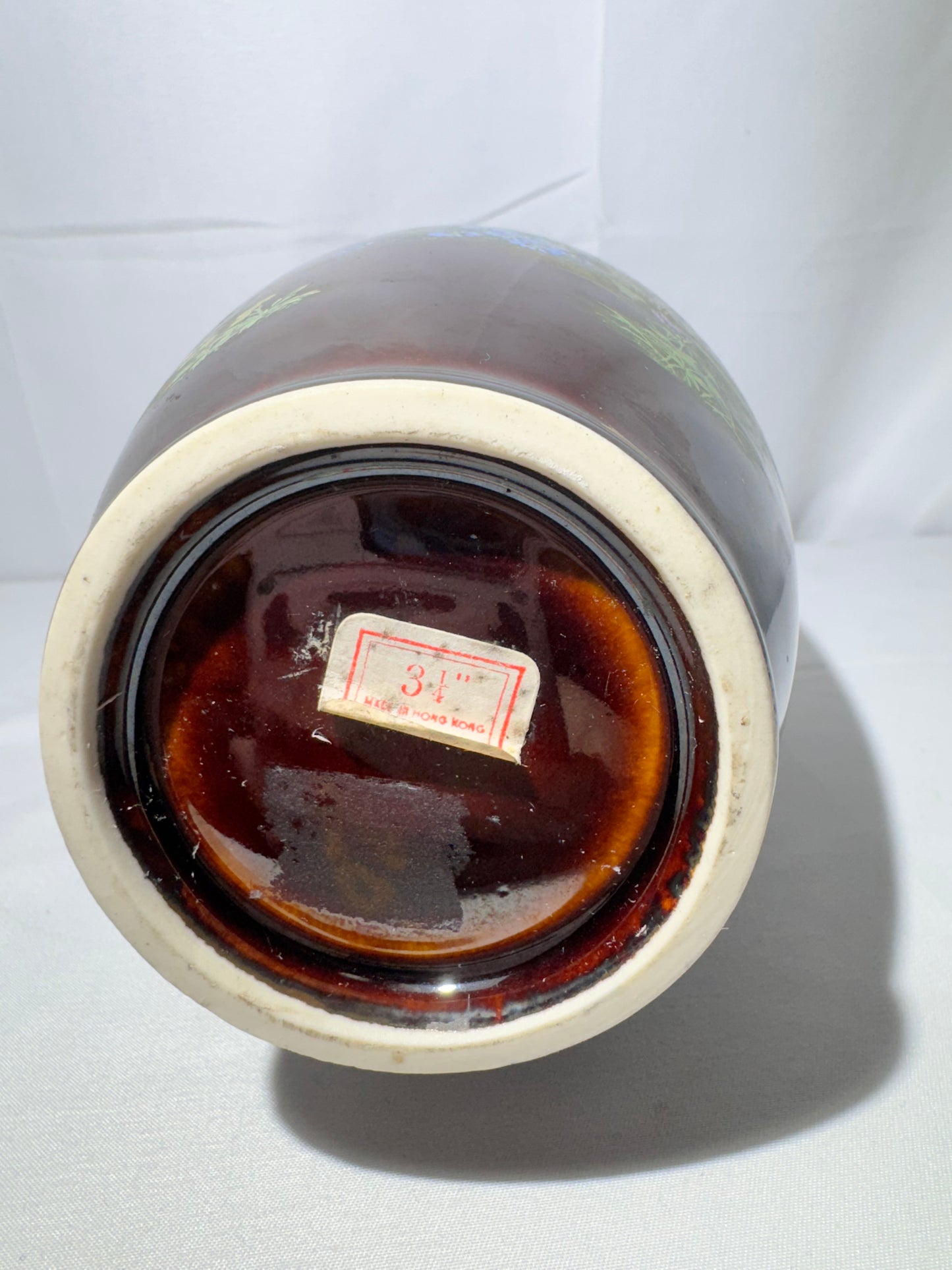 Vintage Hand Painted Vase – Brown Floral Design with Quail – Made in Hong Kong – 10” Tall – Gold Trim