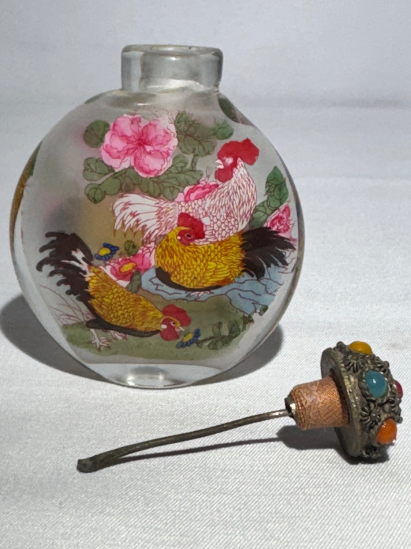 Chinese Reverse Hand Painted Glass Snuff Bottle – Dual Rooster Scene, Oval Shape