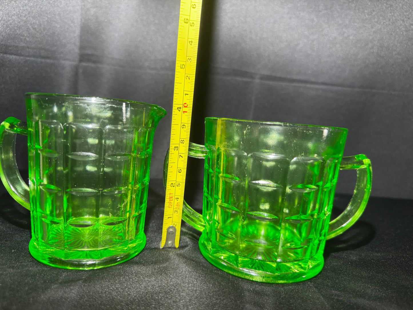 Vintage Hazel Atlas Colonial Block Green Uranium Depression Glass Creamer & Sugar Set