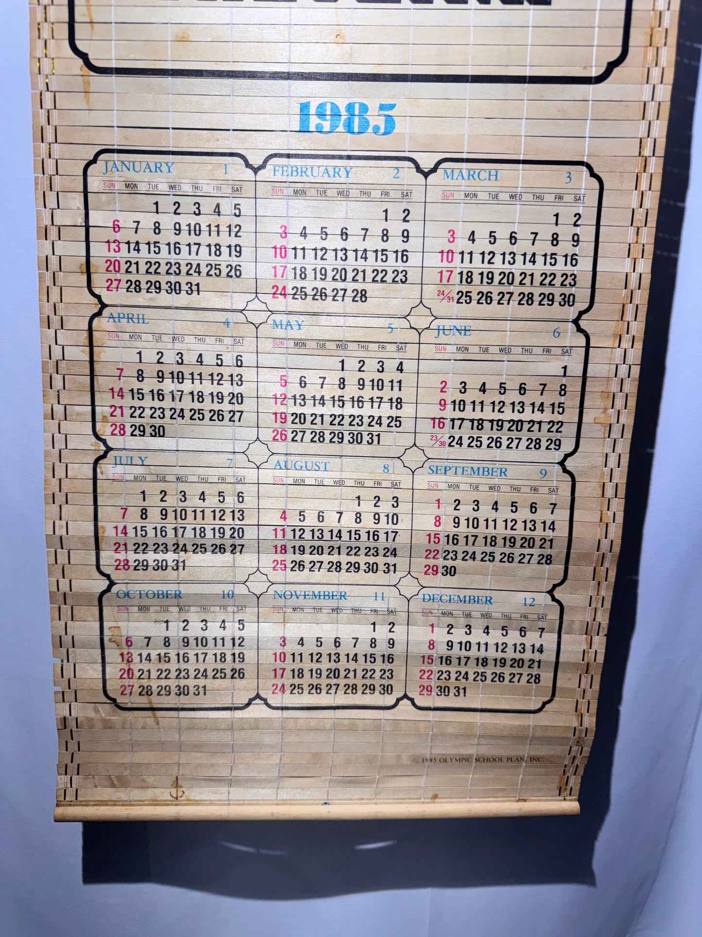 Vintage 1985 UNC University of North Carolina Tar Heels Bamboo Wall Calendar – Reversible