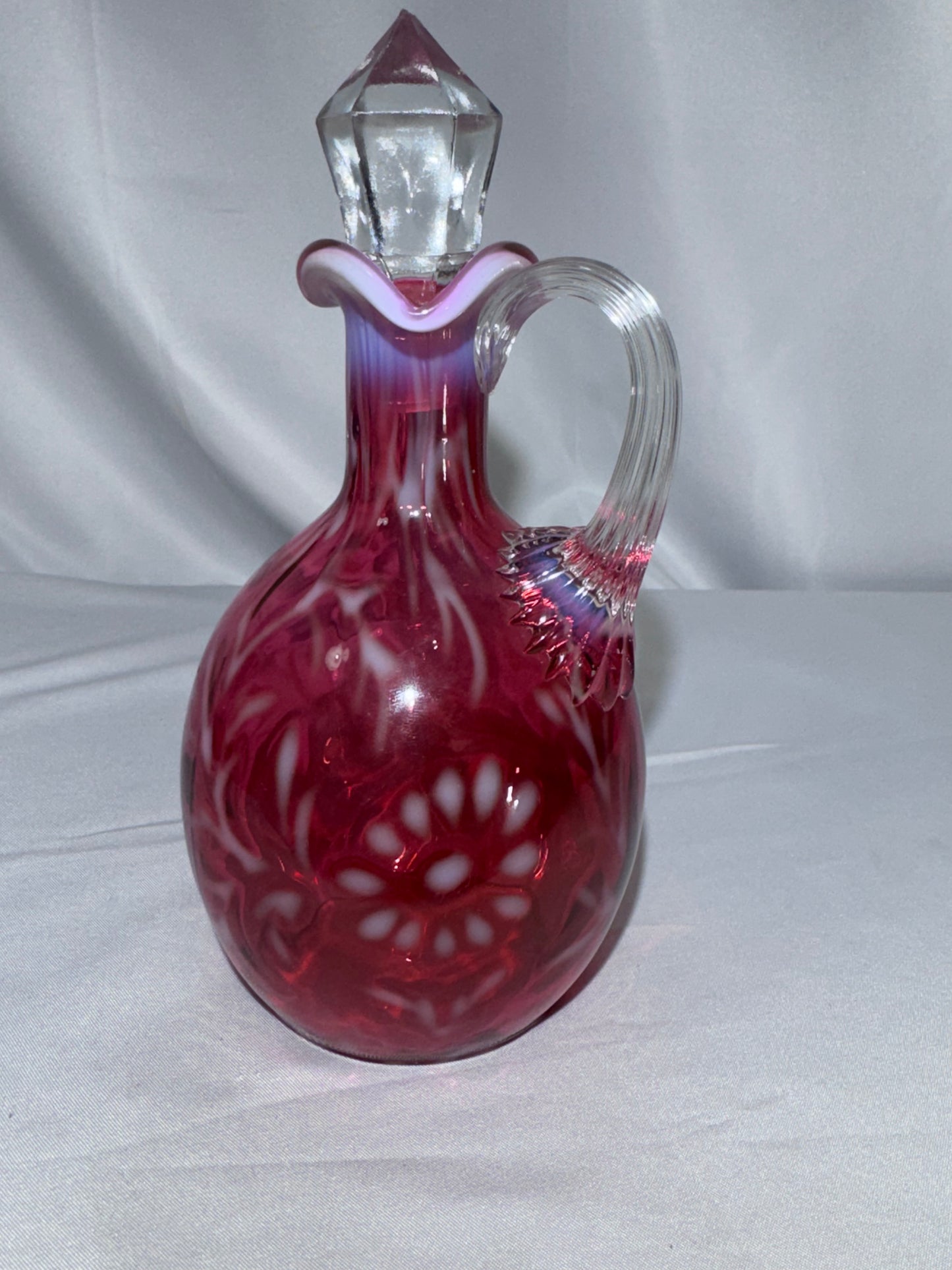 Vintage Cranberry Opalescent “Daisy & Fern” Glass Cruet – 7” – Faceted Stopper