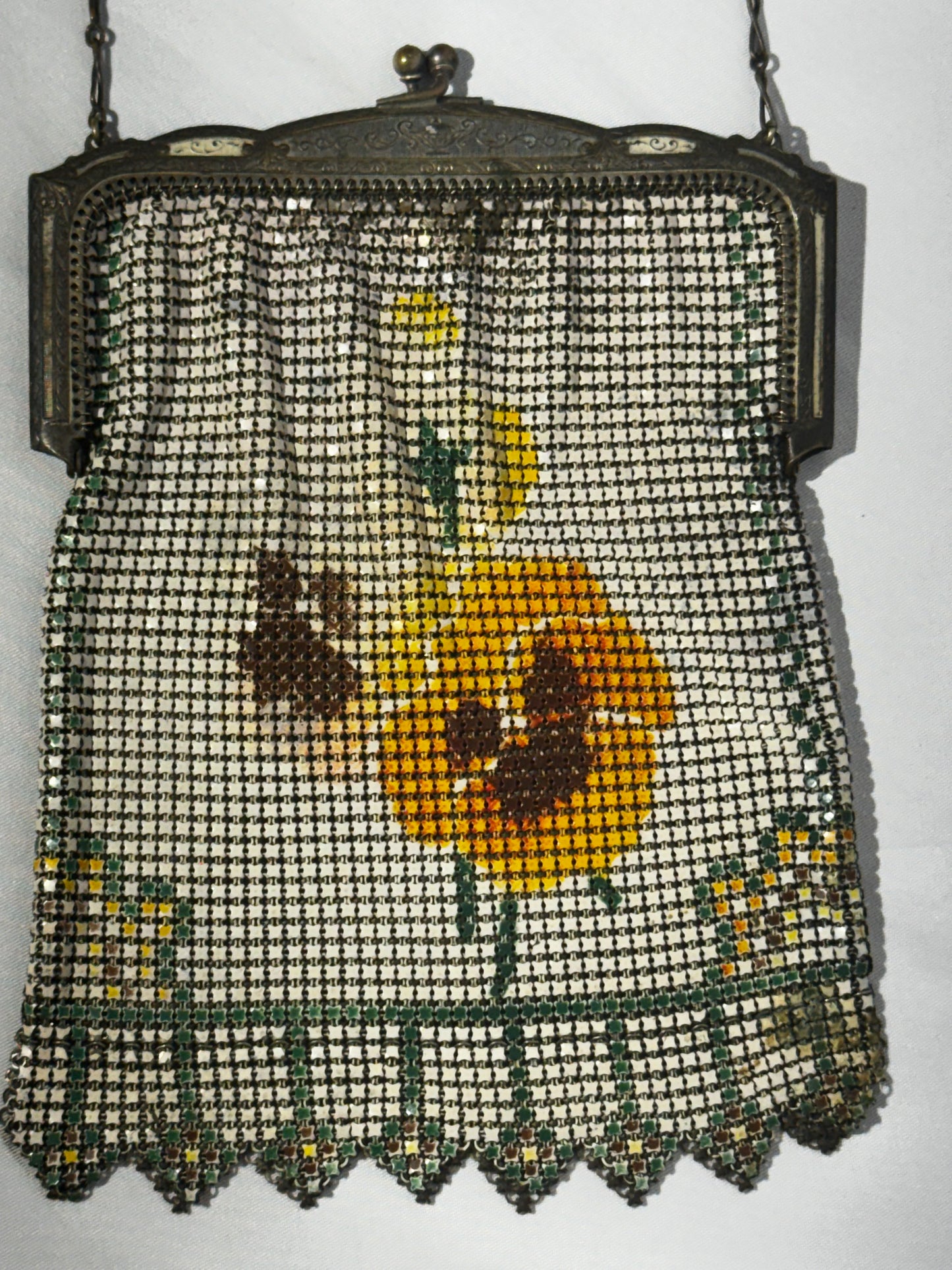 Vintage Whiting & Davis Art Deco Enameled Mesh Purse Sunflower Design 1920s Chain Handle