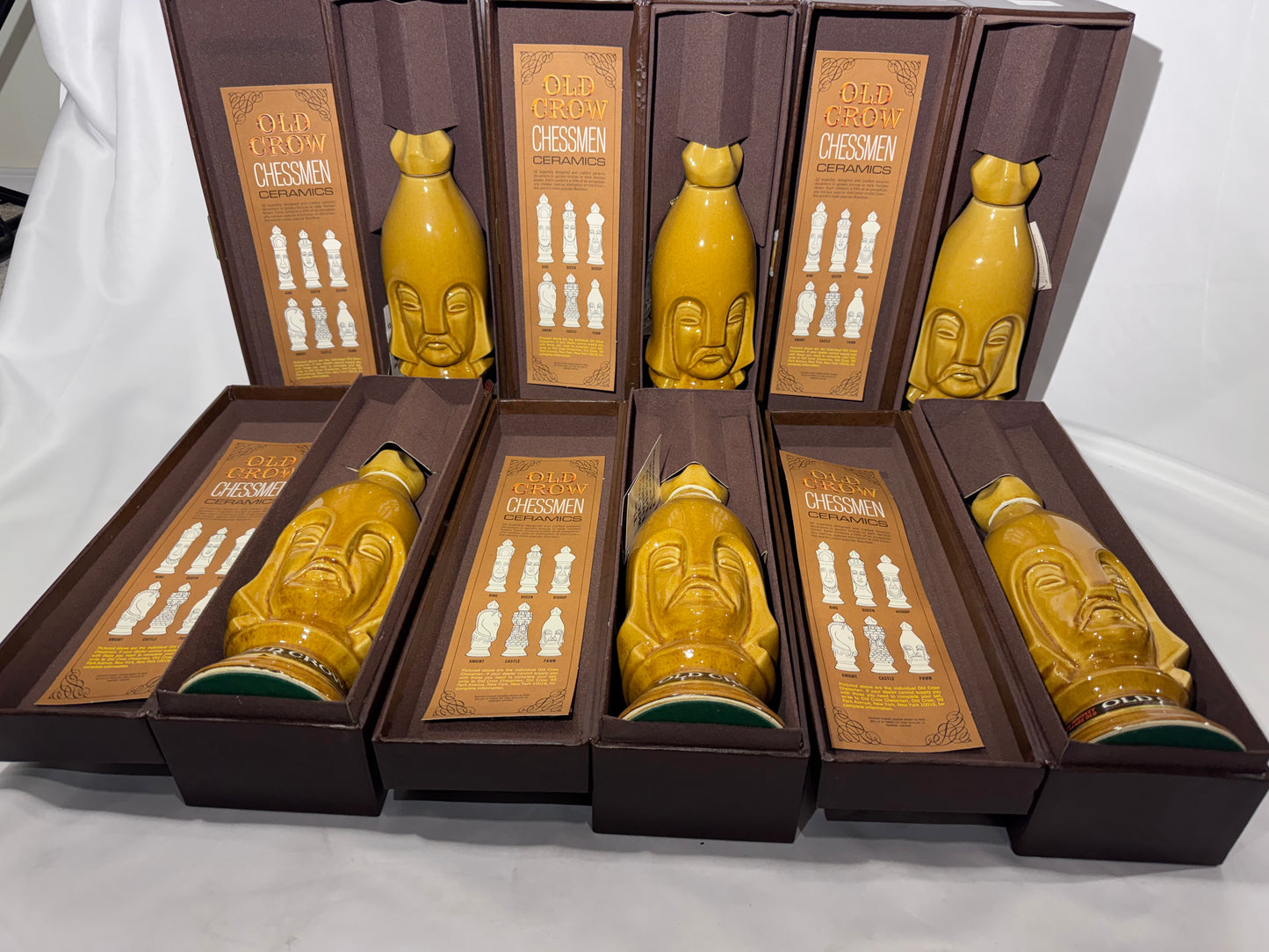 1969 Old Crow 10-Year-Old Bourbon Chessmen Ceramic Decanters – Set of 6 Gold Pawns