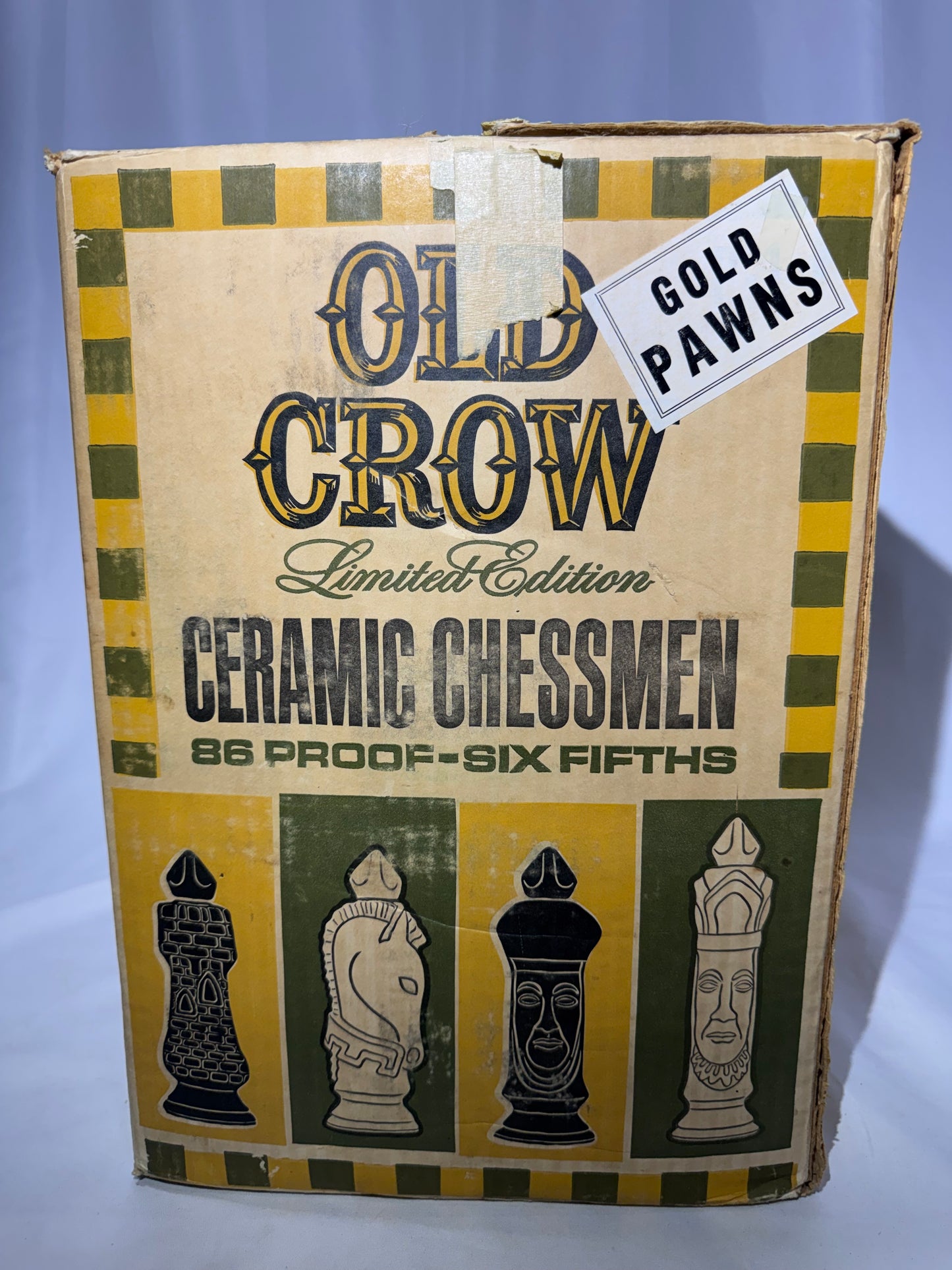 1969 Old Crow 10-Year-Old Bourbon Chessmen Ceramic Decanters – Set of 6 Gold Pawns