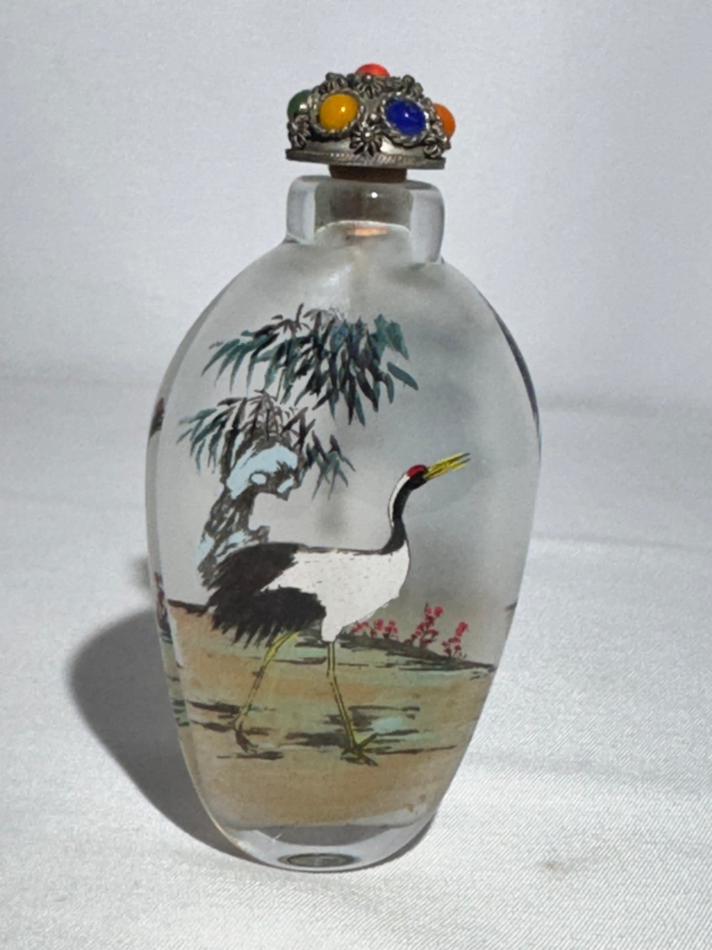Antique Chinese Inside Painted Glass Snuff Bottle – Dual Crane Design – Jeweled Metal Topper