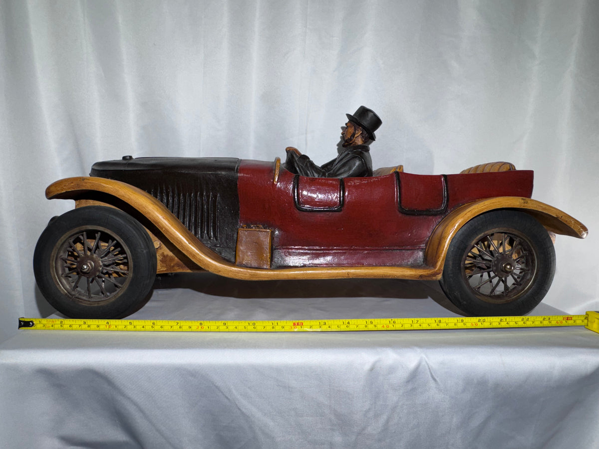 Antique Style 1913 Touring Car Wooden Sculpture Hand Painted Driver Top Hat 26.5” Read