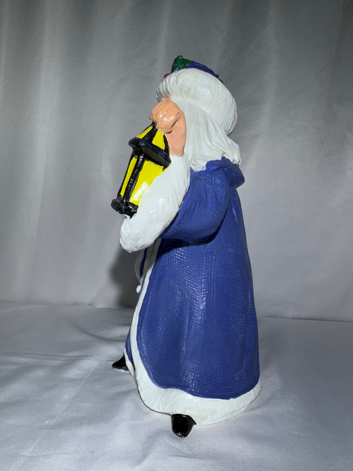 Old World Santa Claus Figurine 10.5” Hand Painted Ceramic Blue White Robe Lantern
