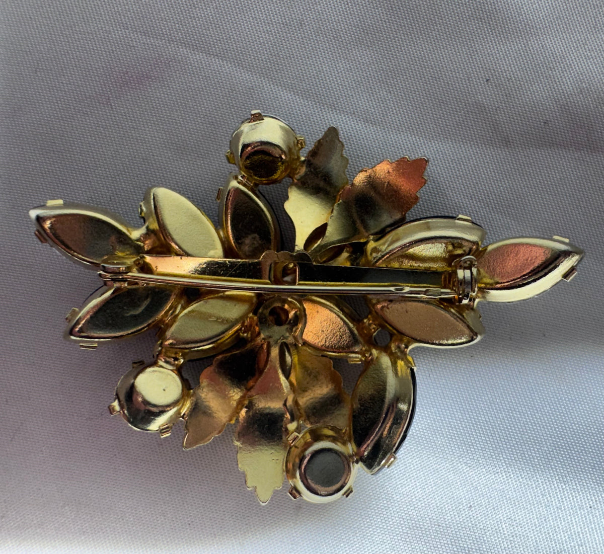 Vintage Weiss Style Black Rhinestone Floral Brooch Faux Pearl Gold Tone Unsigned