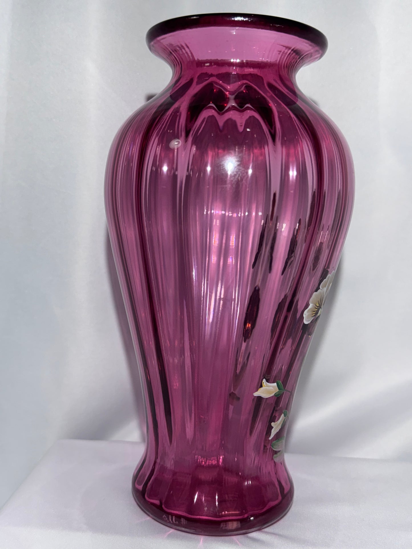 Fenton Pansies on Cranberry Optic Rib Vase 1994 – Hand-Painted – 9”