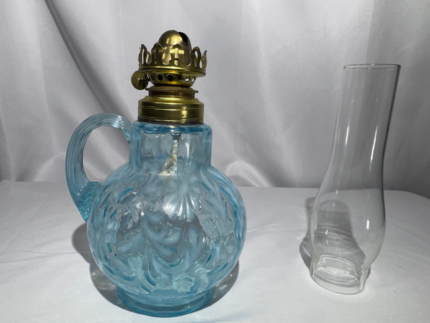 Antique “Daisy & Fern” Kerosene Finger Lamp – Sapphire Blue – 13”