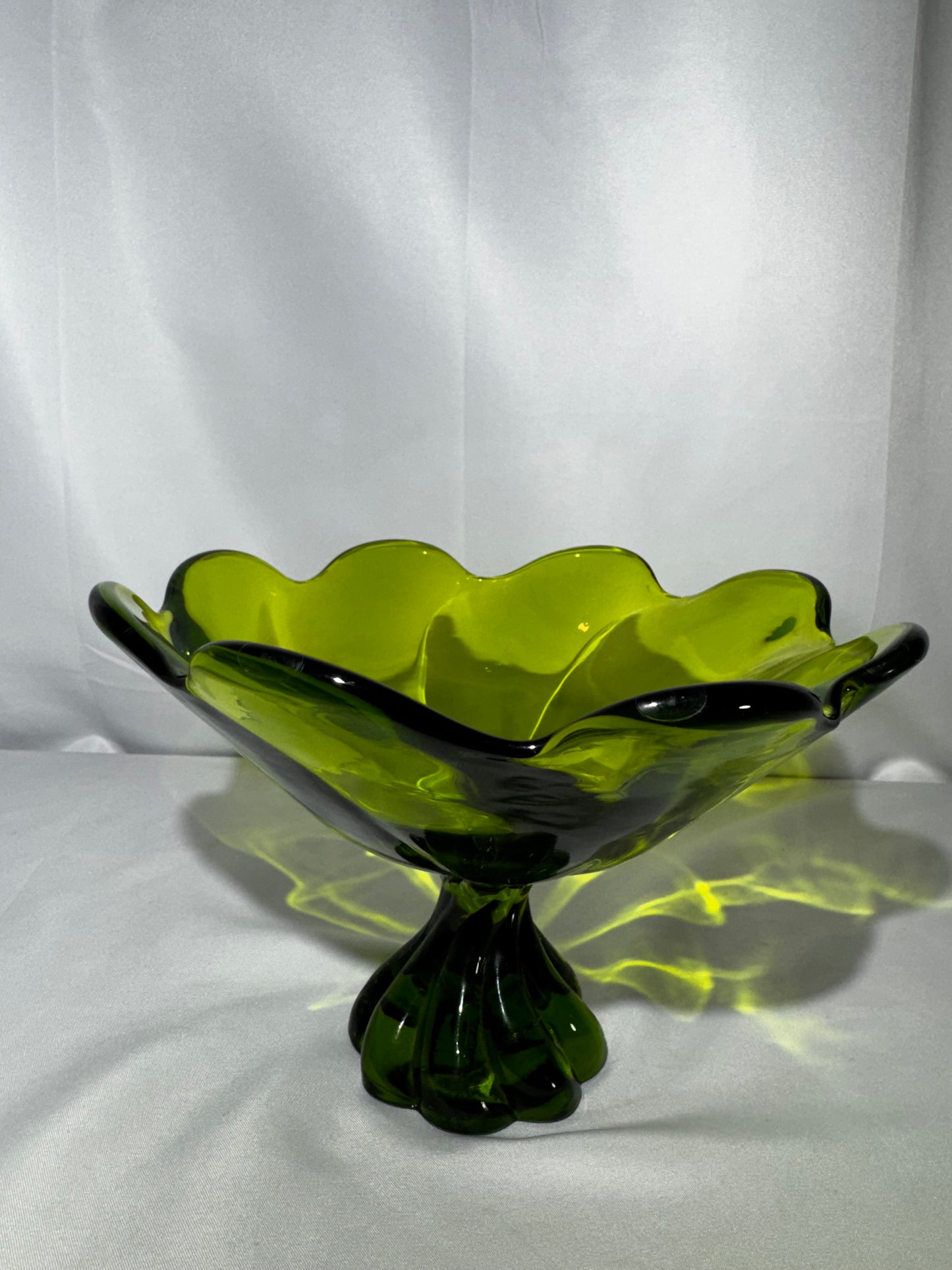 Vintage Viking Glass Epic Avocado Green Compote Bowl Twisted Pedestal Ruffled 8”