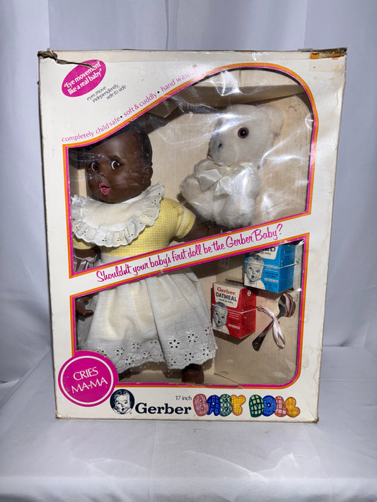 Vintage 1979 African American Gerber Baby Doll with Accessories – Original Box – Cries “Ma-Ma” – 17” Complete Set