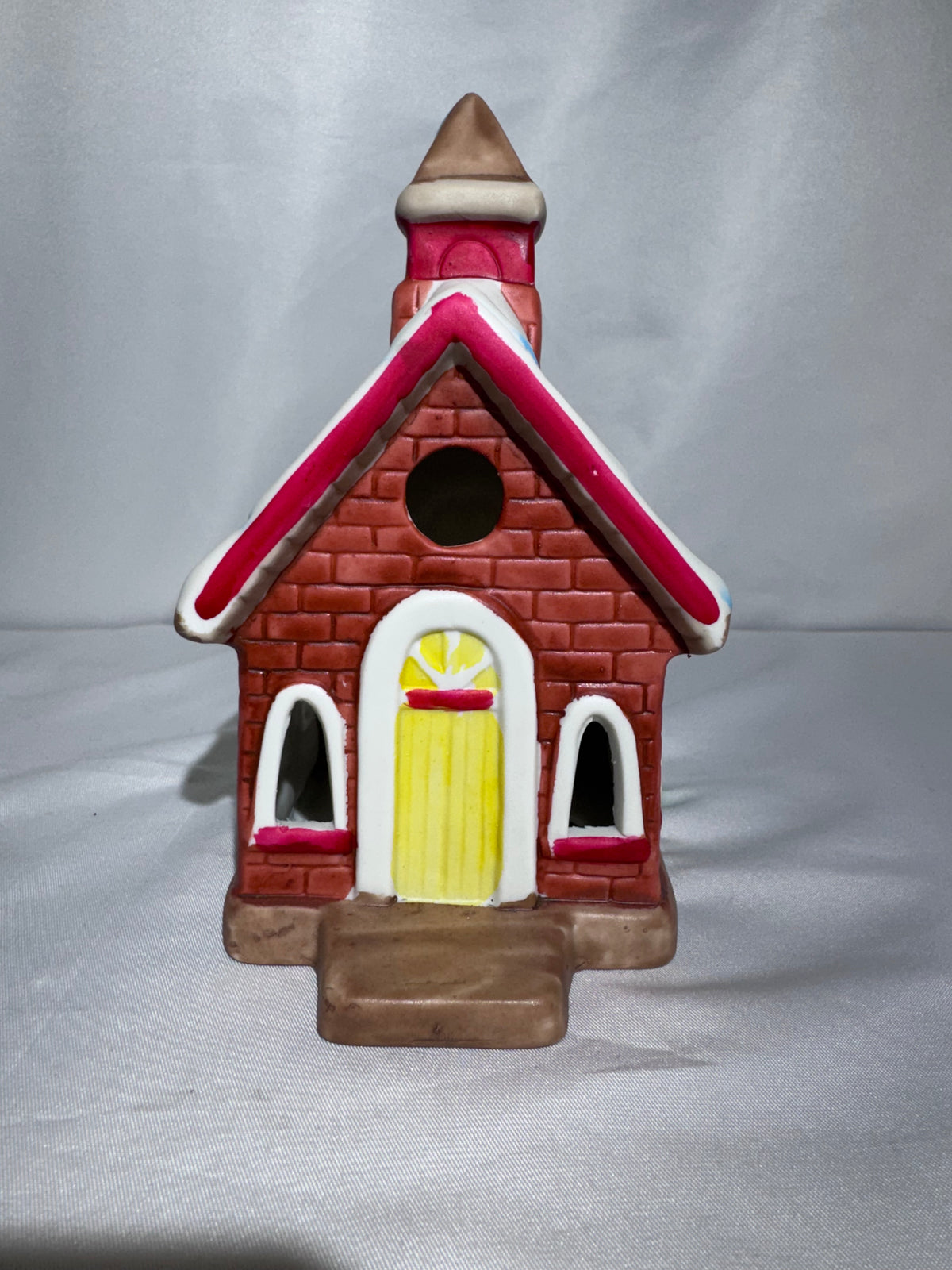 Ceramic Christmas village, church, tea, light candle holder, red brick, snowy roof