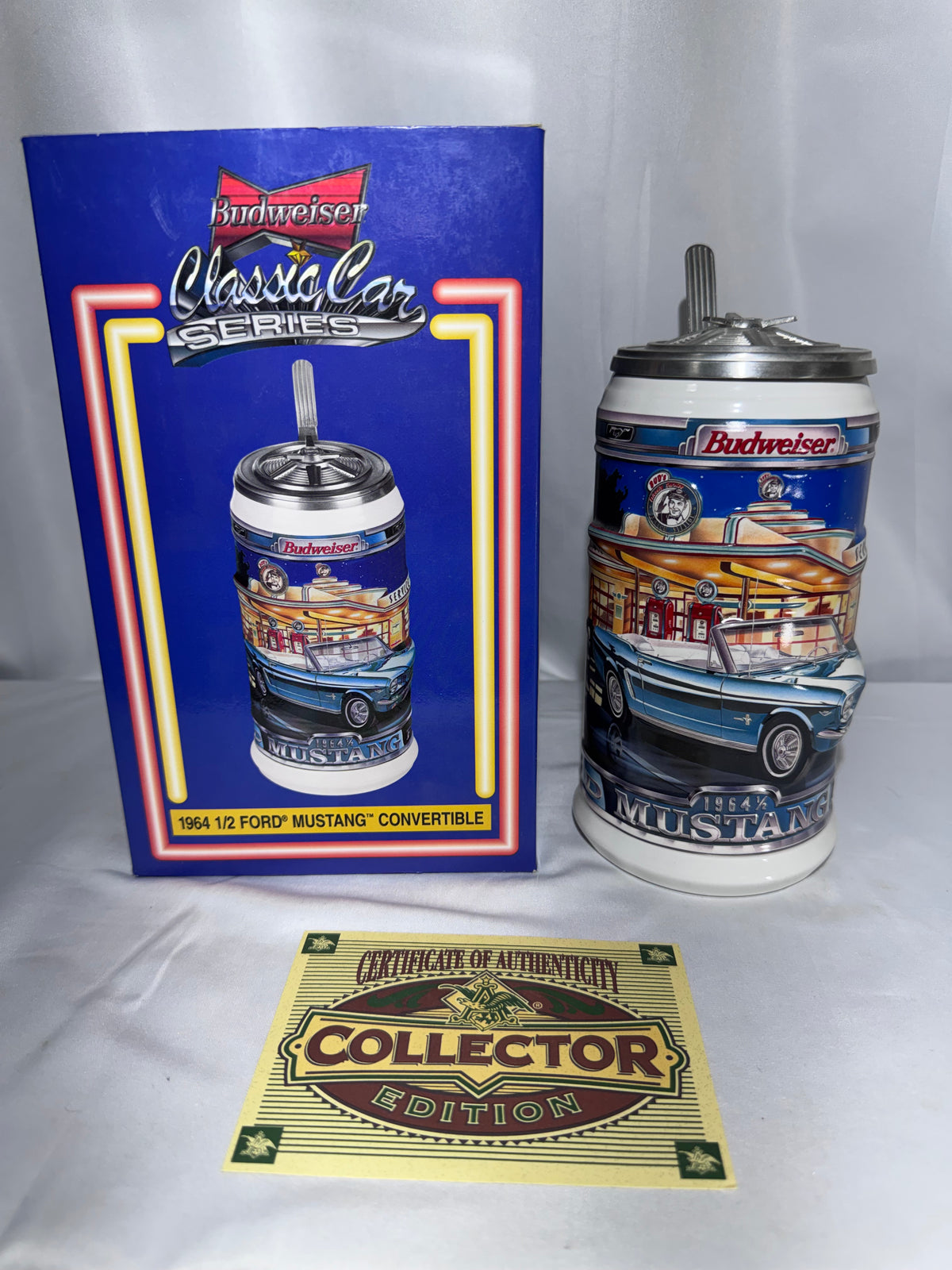 Budweiser 1964 1/2 Ford Mustang Convertible Beer Stein – Classic Car Series – 2000 – Box & COA