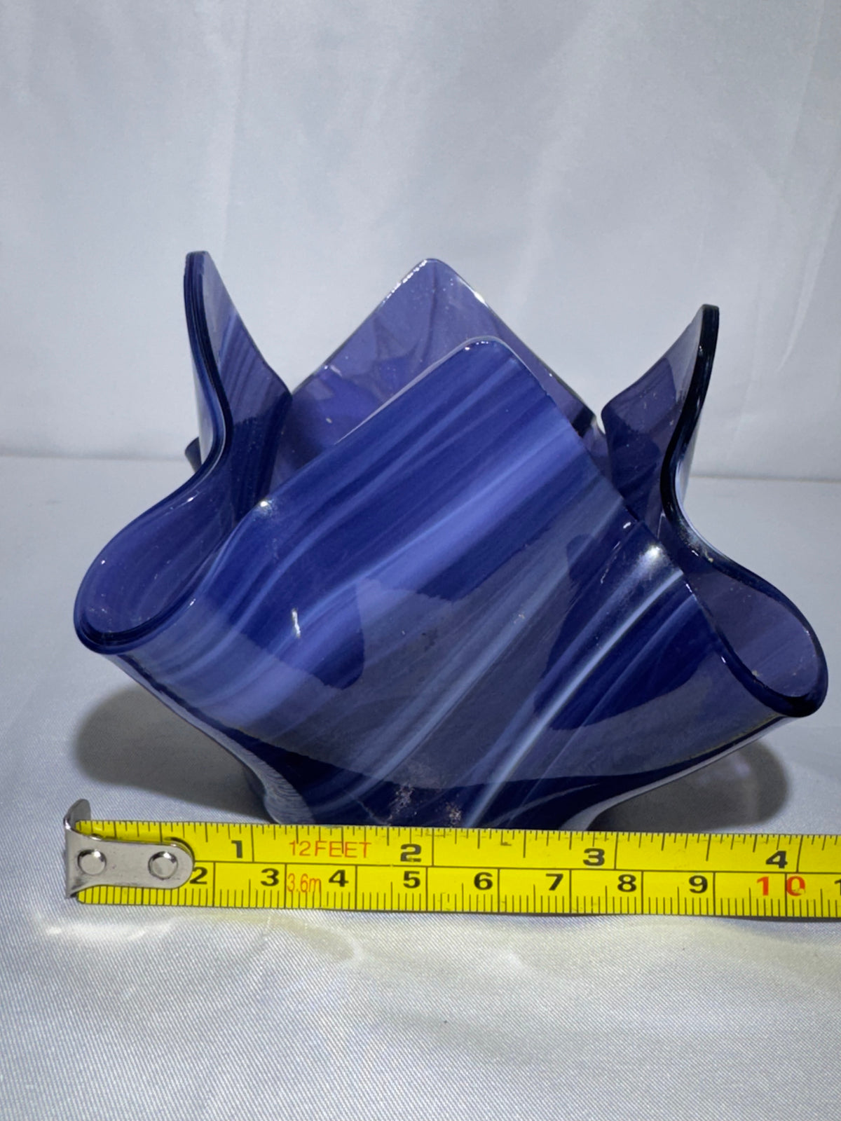 Buffalo Glass Works Limited Edition Dark Blue & White Swirled Art Glass Handkerchief Vase 90’s