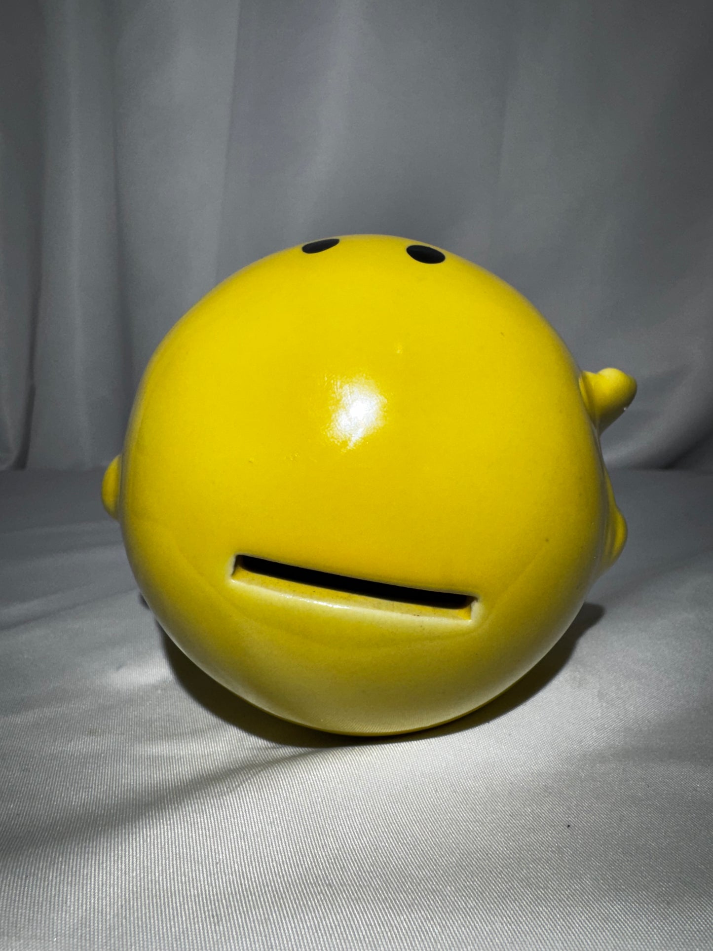 Vintage 1970s Yellow Smiley Face Man Ceramic Piggy Bank Coin Bank Retro Happy Face 5.5”