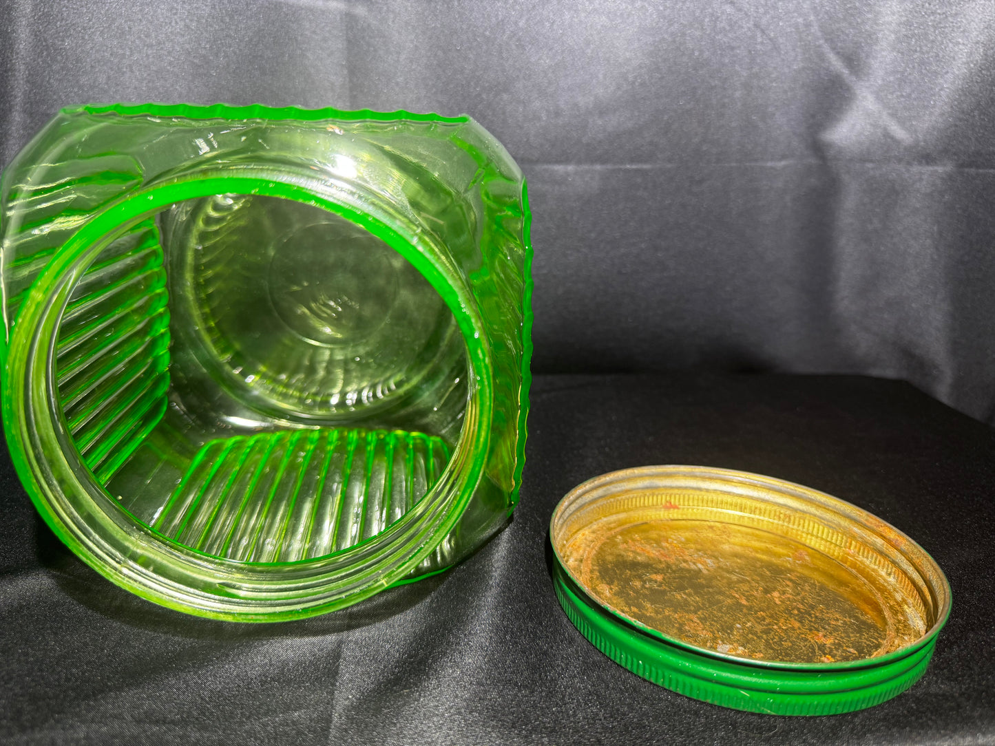 Vintage 1930s Uranium Glass Hoosier Cookie Canister w/ Green Lid & Original Sticker UV Glow