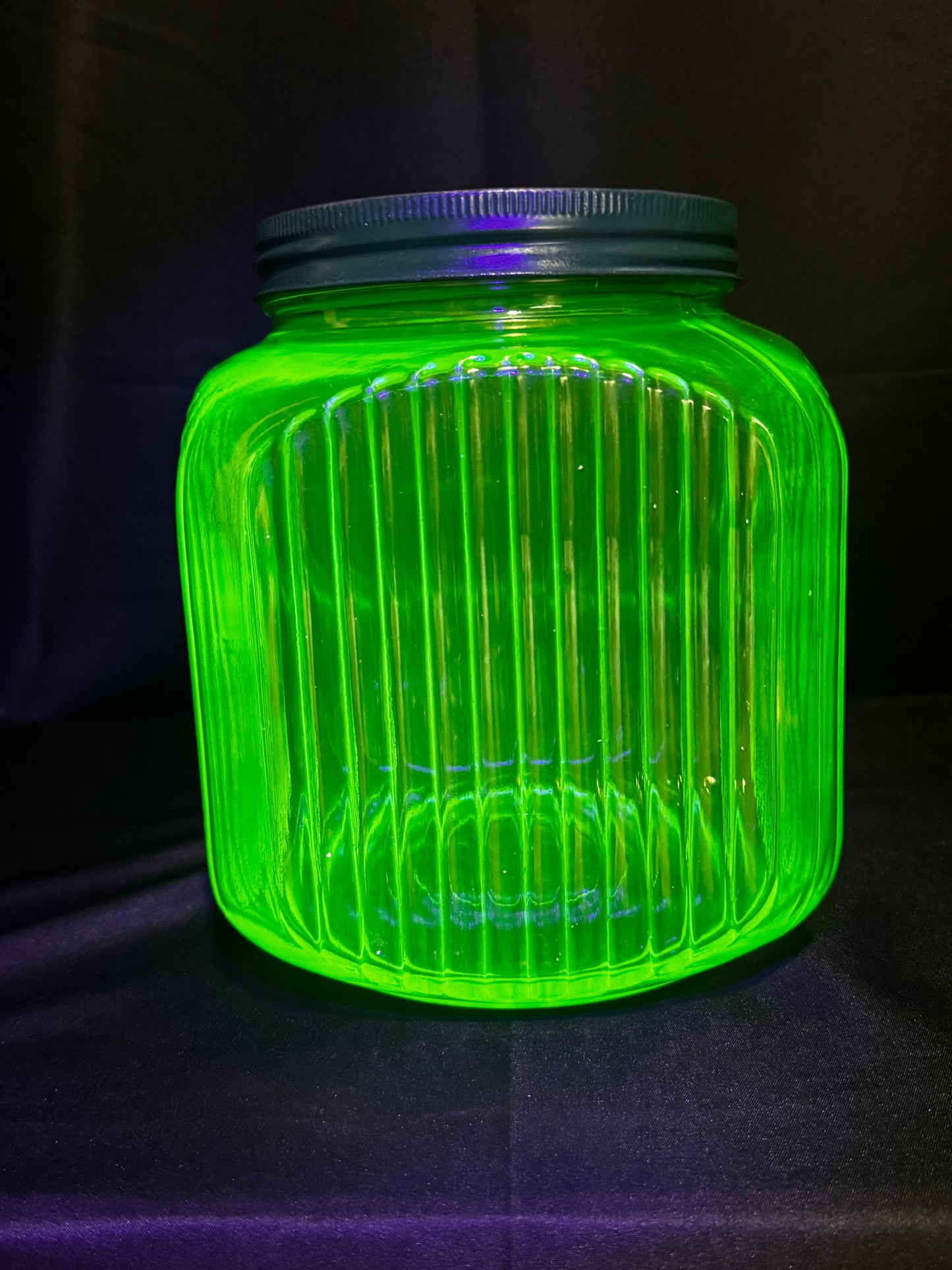Vintage 1930s Uranium Glass Hoosier Cookie Canister w/ Green Lid & Original Sticker UV Glow