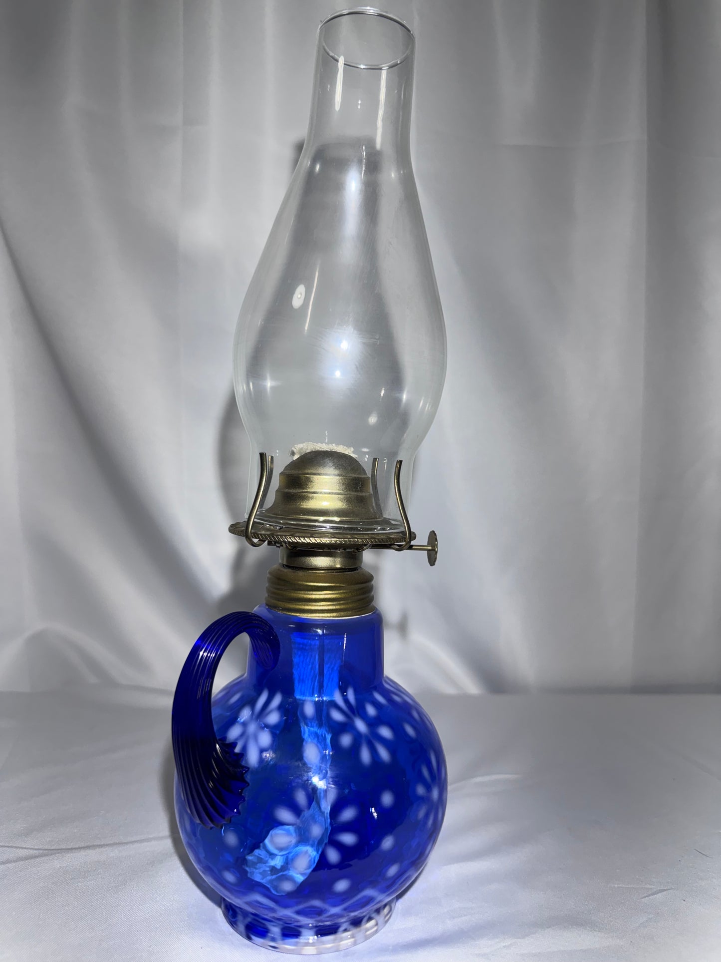 Vintage Cobalt Blue Opalescent Glass Finger Oil Lamp – Snowflake Pattern – 14”