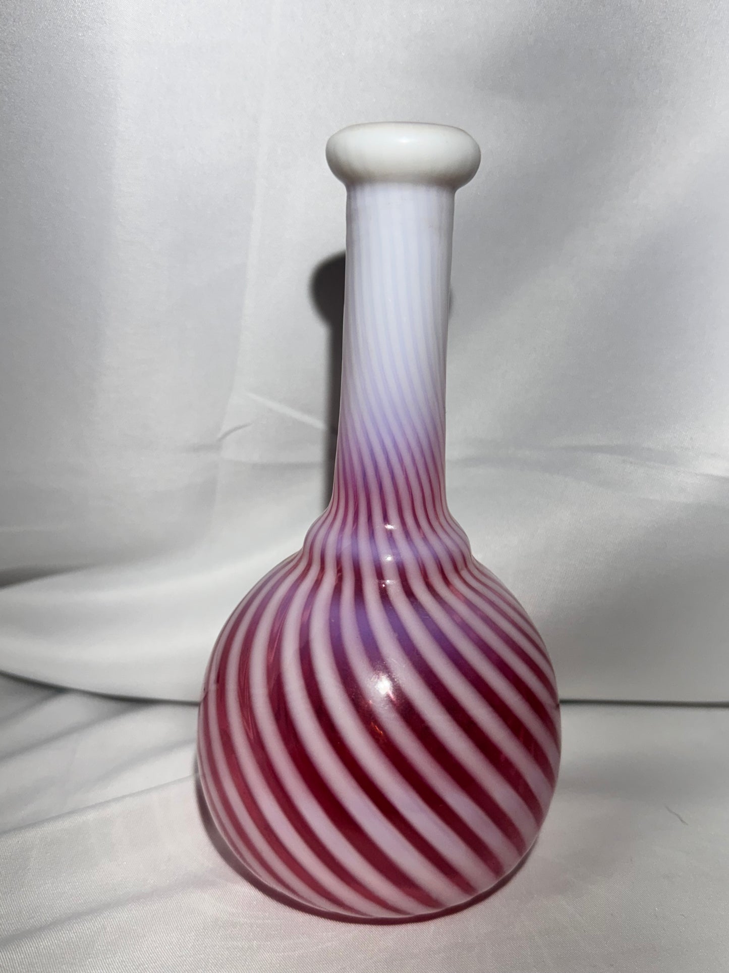 Antique Cranberry Opalescent Barber Bottle – Pronounced White Swirl & Defined Collar