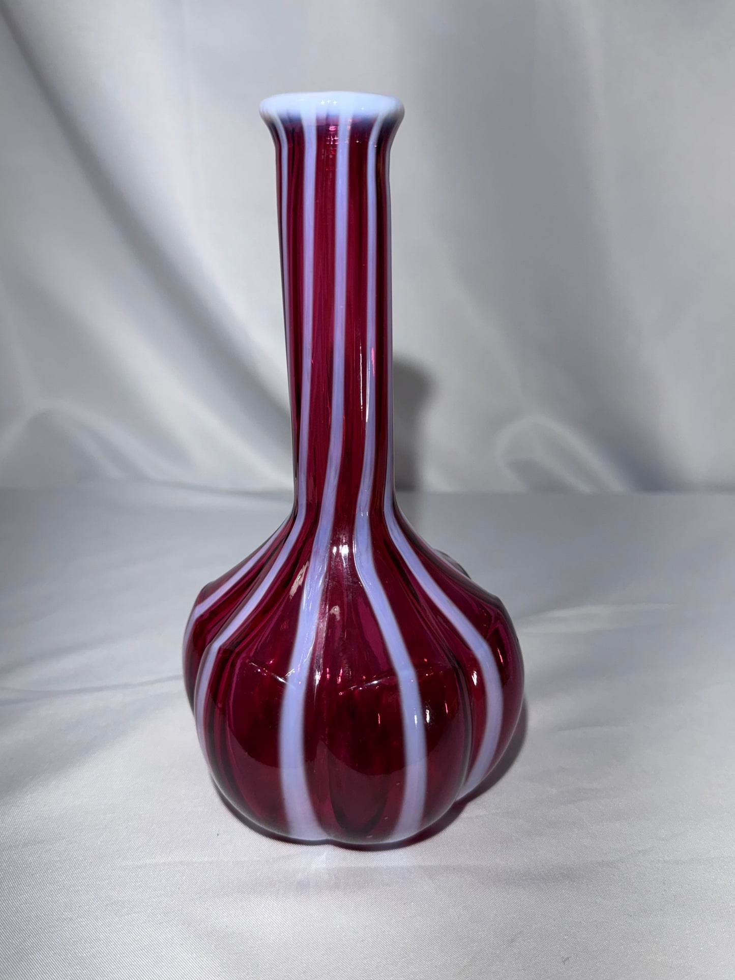 Vintage Fenton Cranberry Opalescent Rib Optic Barber Bottle / Bud Vase – 7.5”