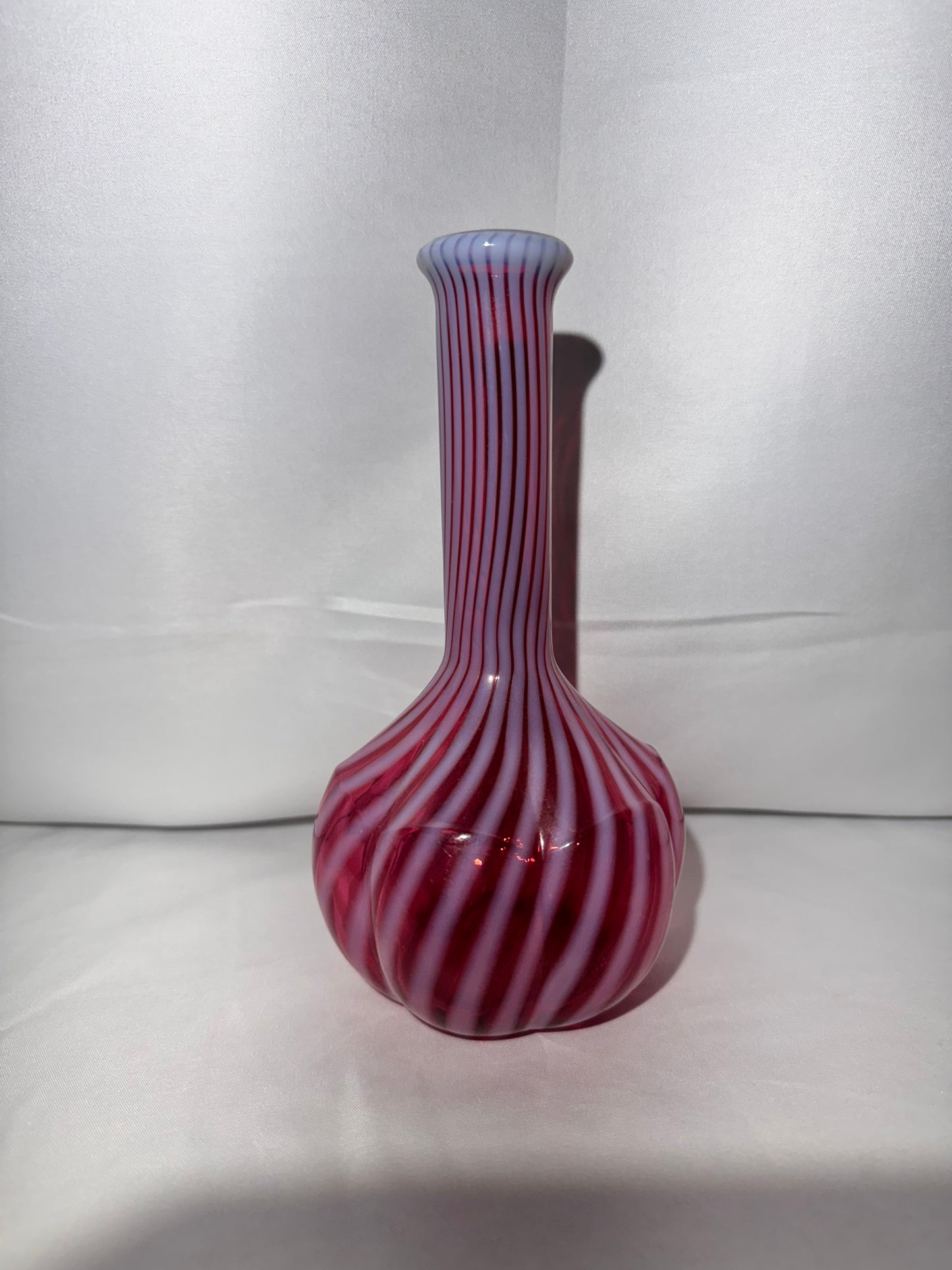 Cranberry Opalescent Barber Bottle – Melon Base Spiral Optic Glass