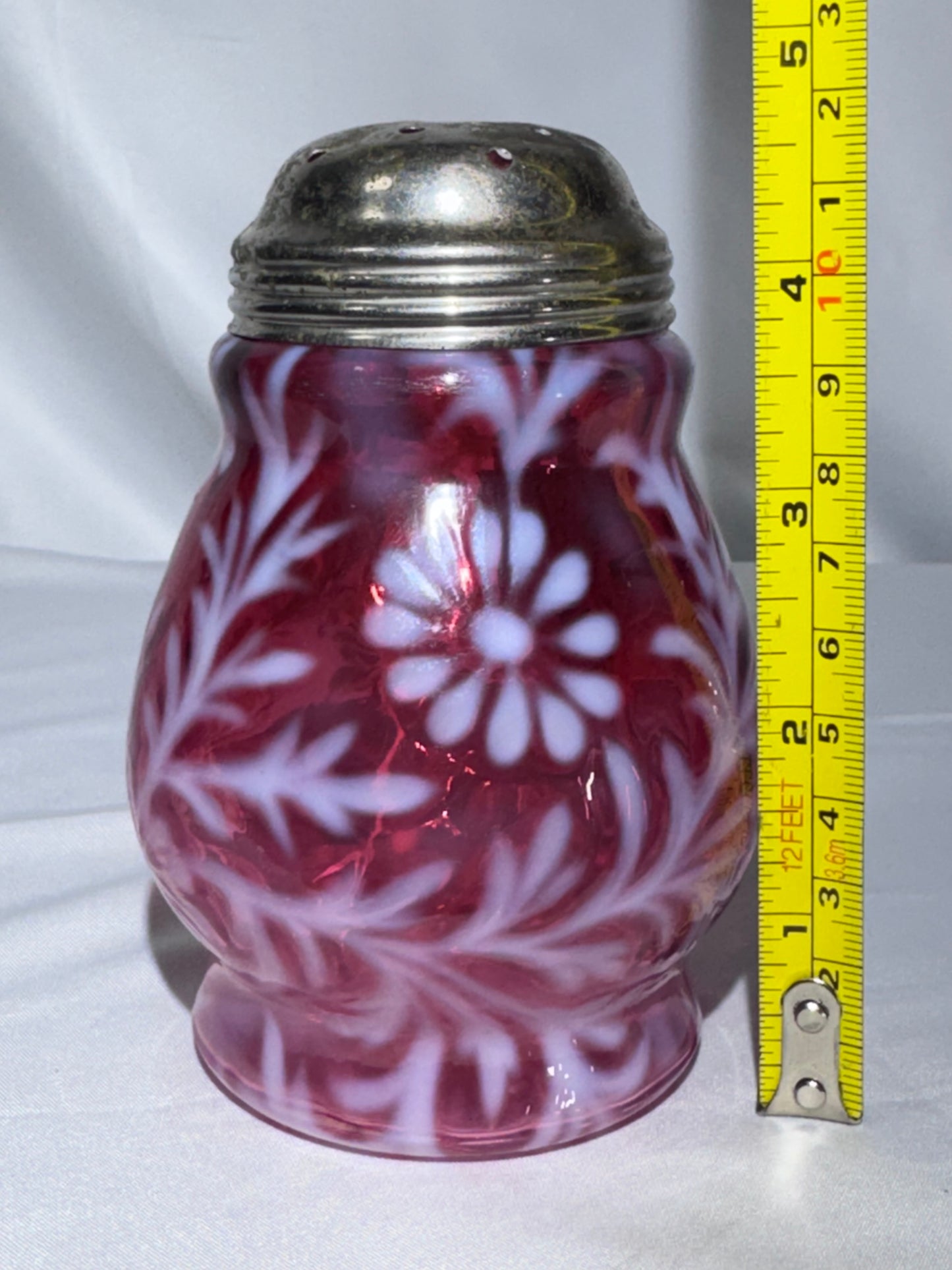 Vintage Northwood Cranberry Opalescent “Daisy & Fern” Sugar Shaker – 4.5”
