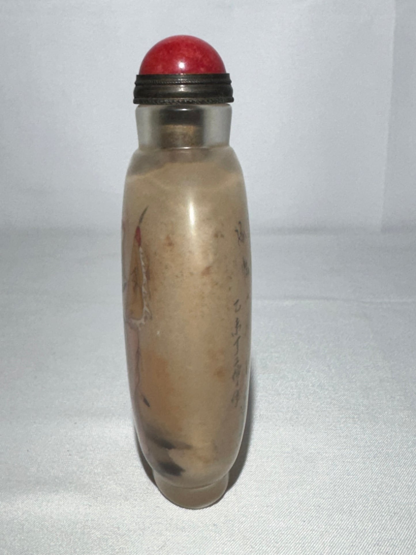 Chinese Old Beijing Glazed Inside-Painted Glass Snuff Bottle with Coral Topper