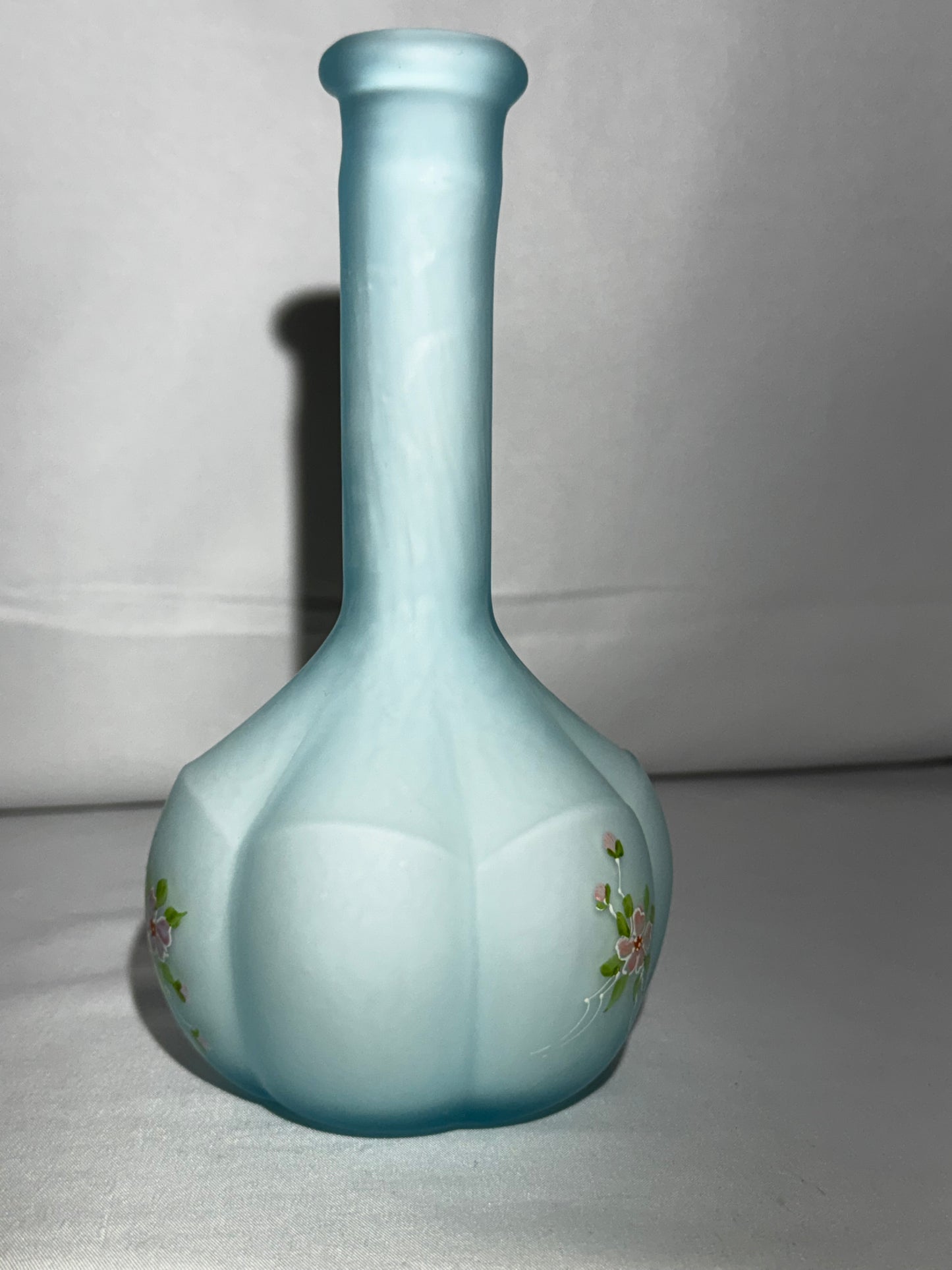 Vintage Fenton Baby Blue Satin Glass Barber Bottle – Hand-Painted Floral – 7.5”
