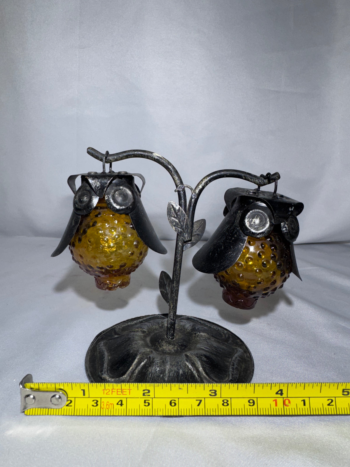Vintage 1970s Amber Hobnail Glass Owl Salt & Pepper Shakers w/ Metal Tree Stand