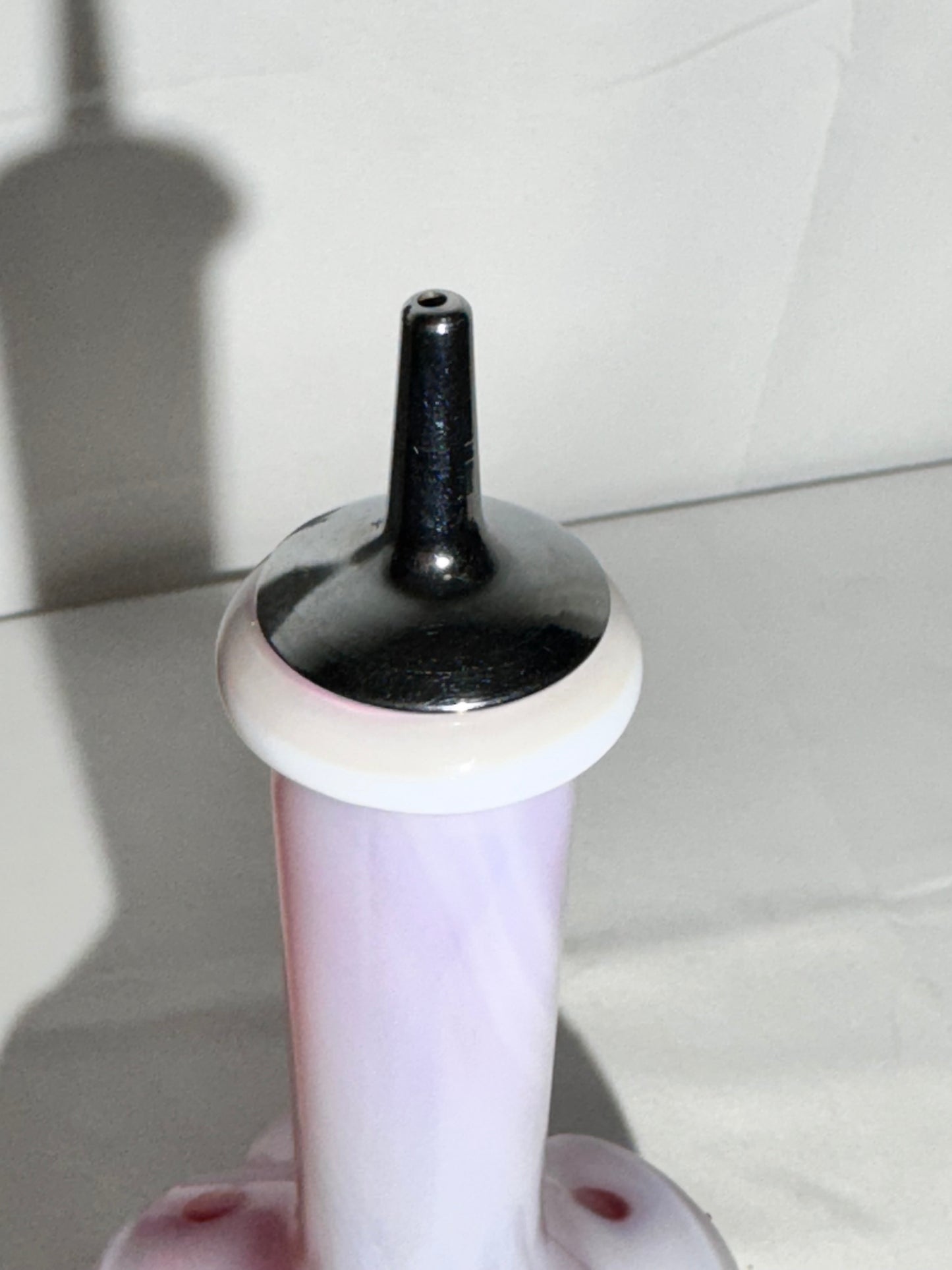 Vintage Barber Bottle – White & Cranberry Coin Pattern with Original Topper