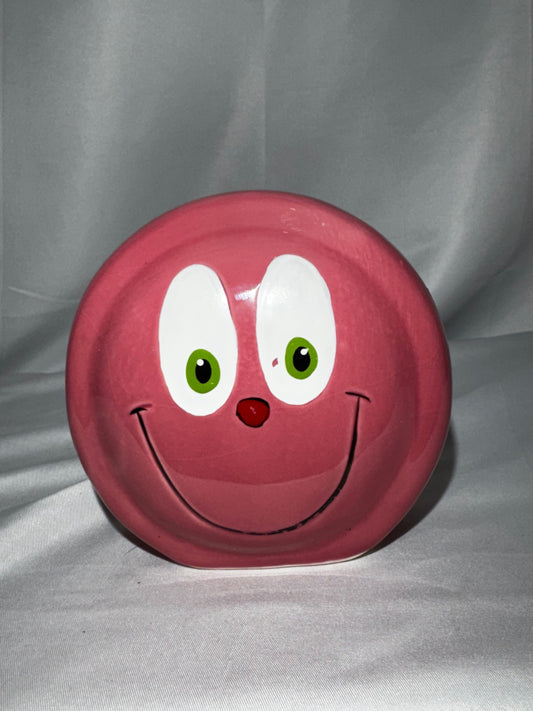Vintage 1970s Pink Smiley Face Ceramic Coin Bank Piggy Bank w/ Stopper Retro 4.5”