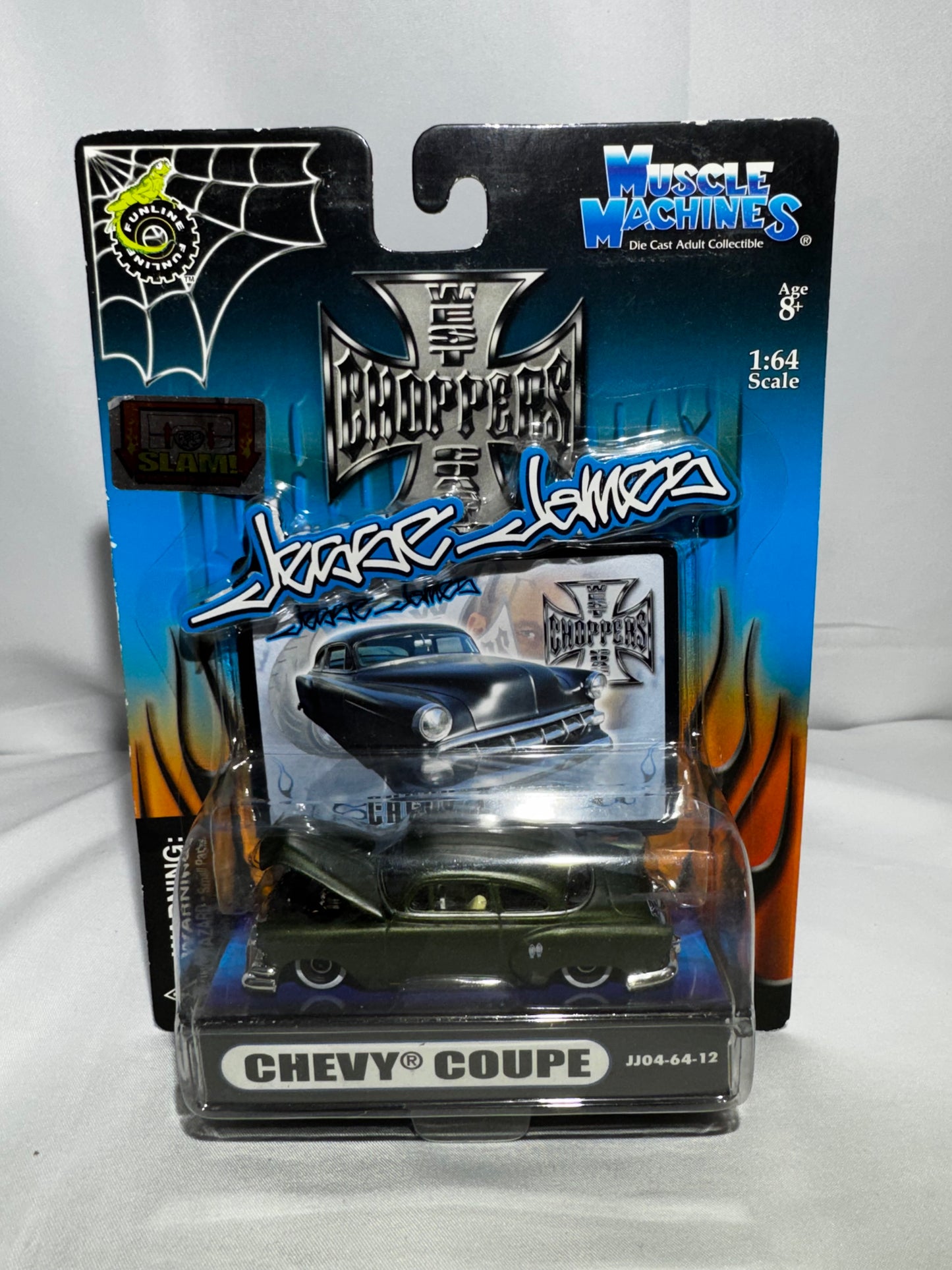 2004 Muscle Machines Jesse James West Coast Choppers Chevy Coupe 1:64 Diecast Olive Drab