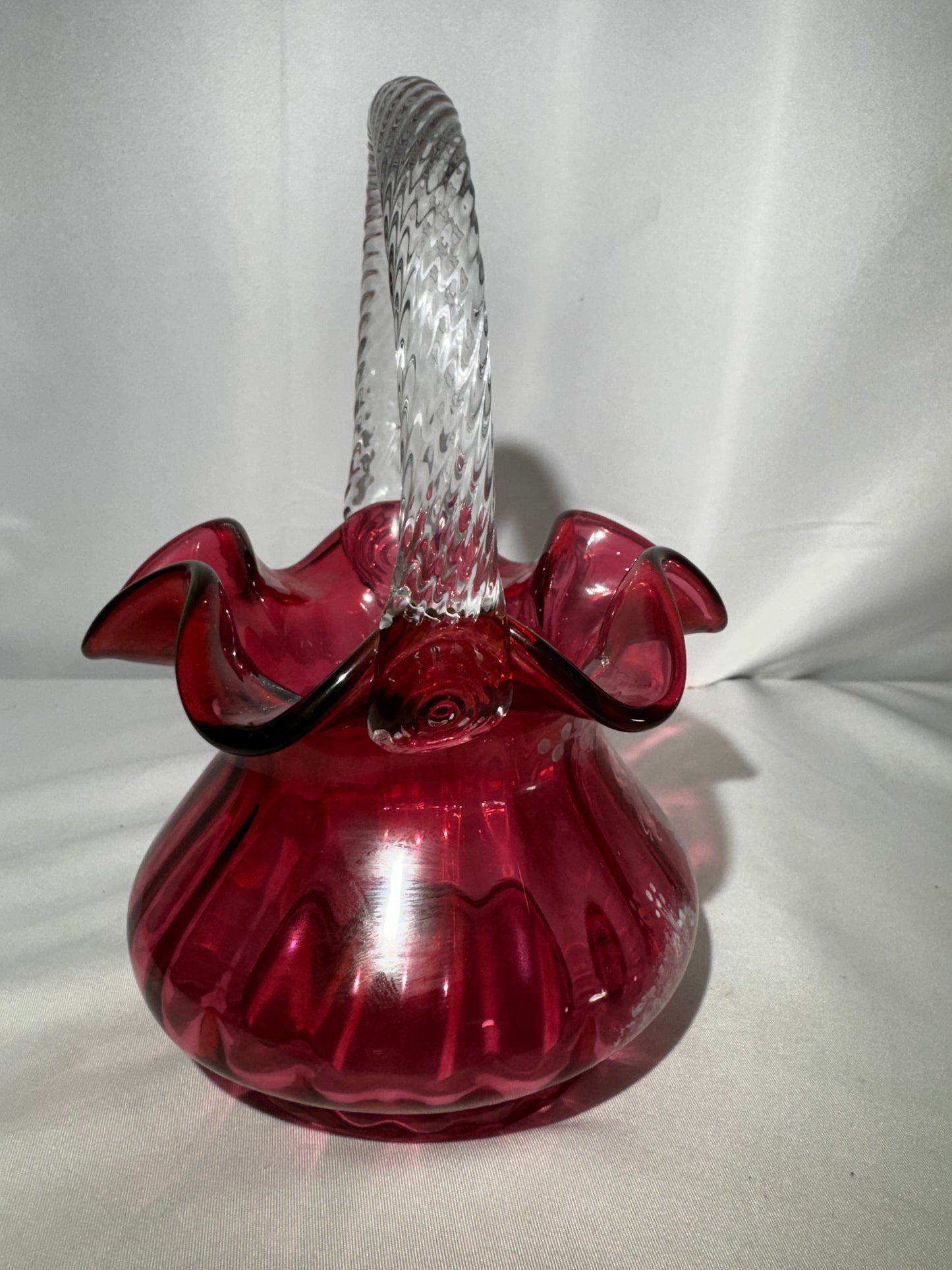 Fenton Art Glass Cranberry Basket Mary Gregory Child on Swing Hand-Painted #790/1500 Signed