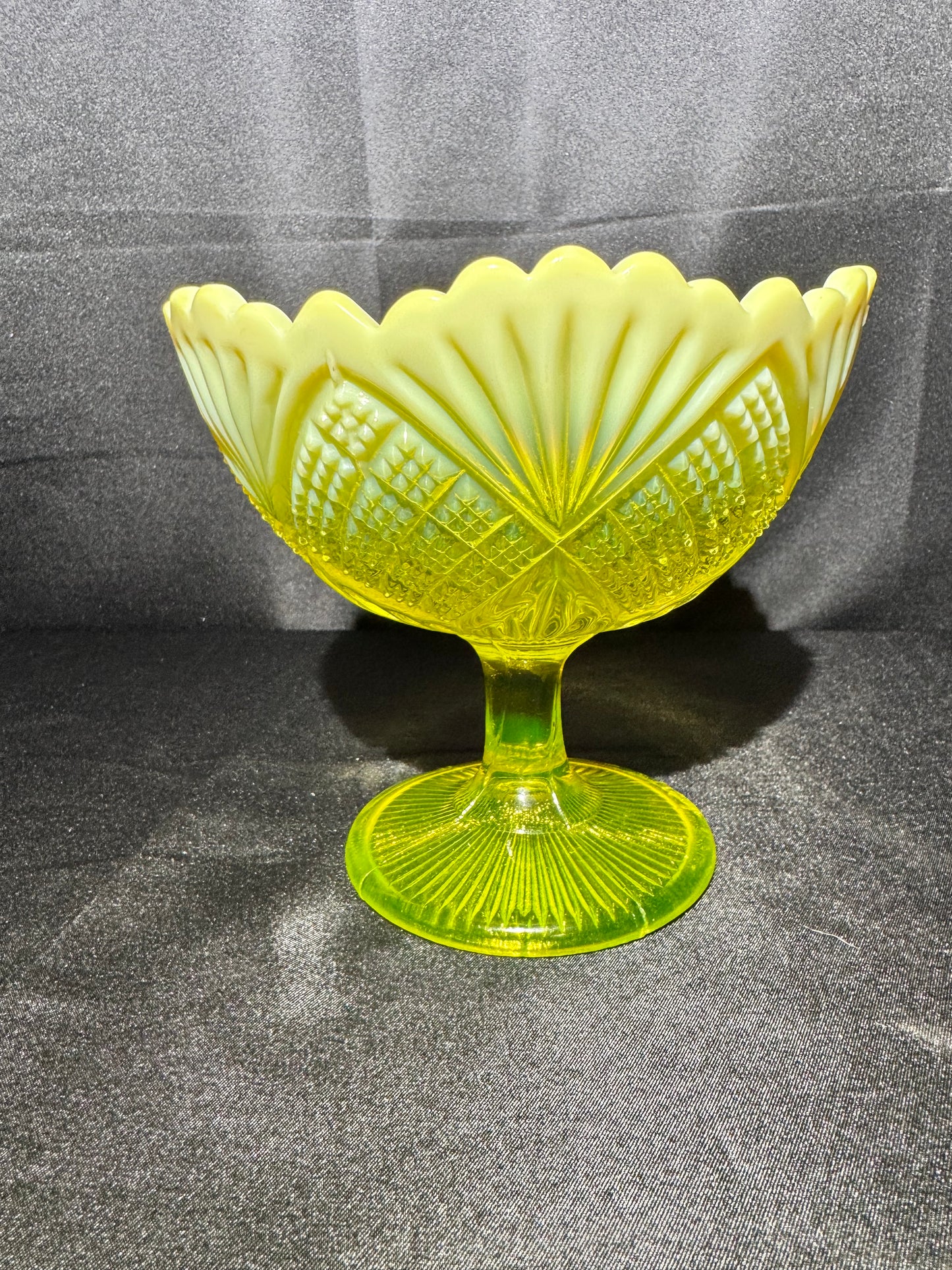 Victorian Uranium Glass Davidson Primrose Pearline Footed Compote – RN 285342