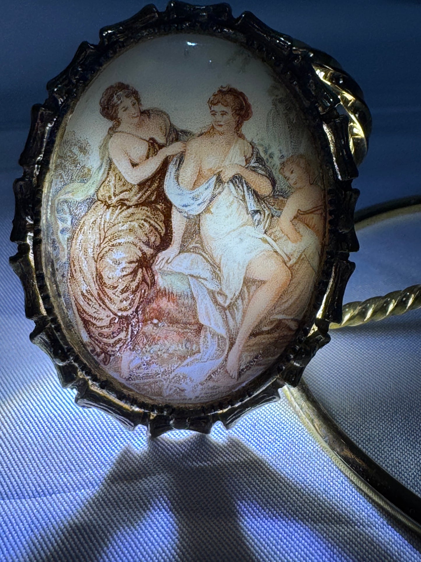 Vintage French Limoges Porcelain Miniature Brooch – Classical Mythology Scene – Ornate Gold-Tone Frame