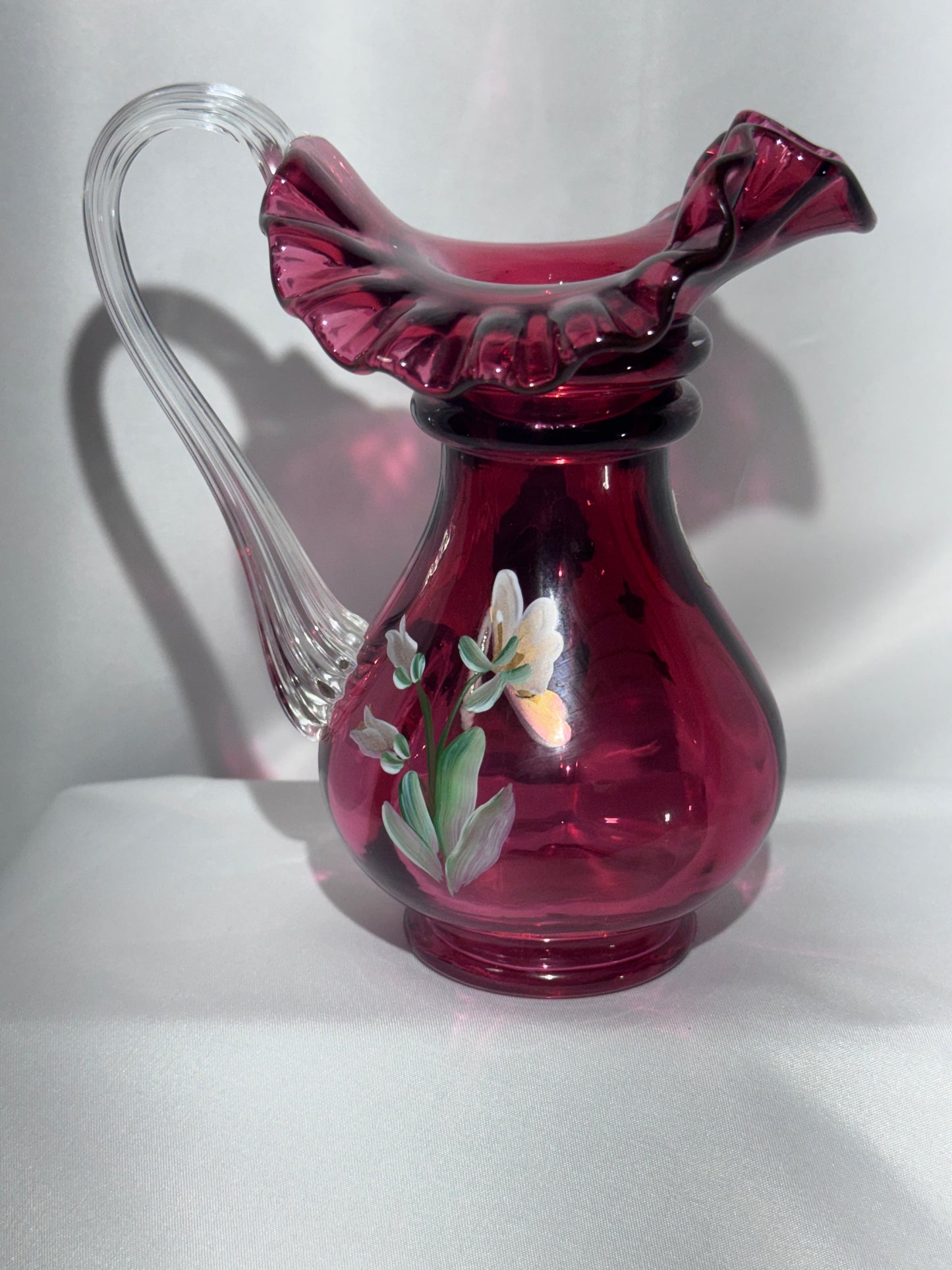 Vintage Fenton Cranberry Glass Pitcher – Hand-Painted Pansies – Signed