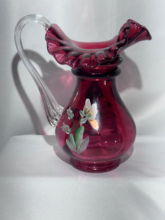 Vintage Fenton Cranberry Glass Pitcher – Hand-Painted Pansies – Signed