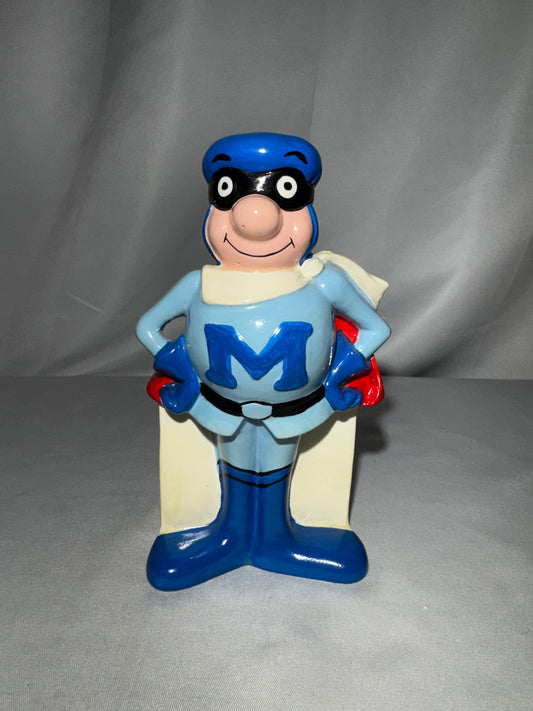 Vintage Rainier Bank M-Man Superhero Ceramic Coin Bank Japan 1960s 6” w/ Stopper