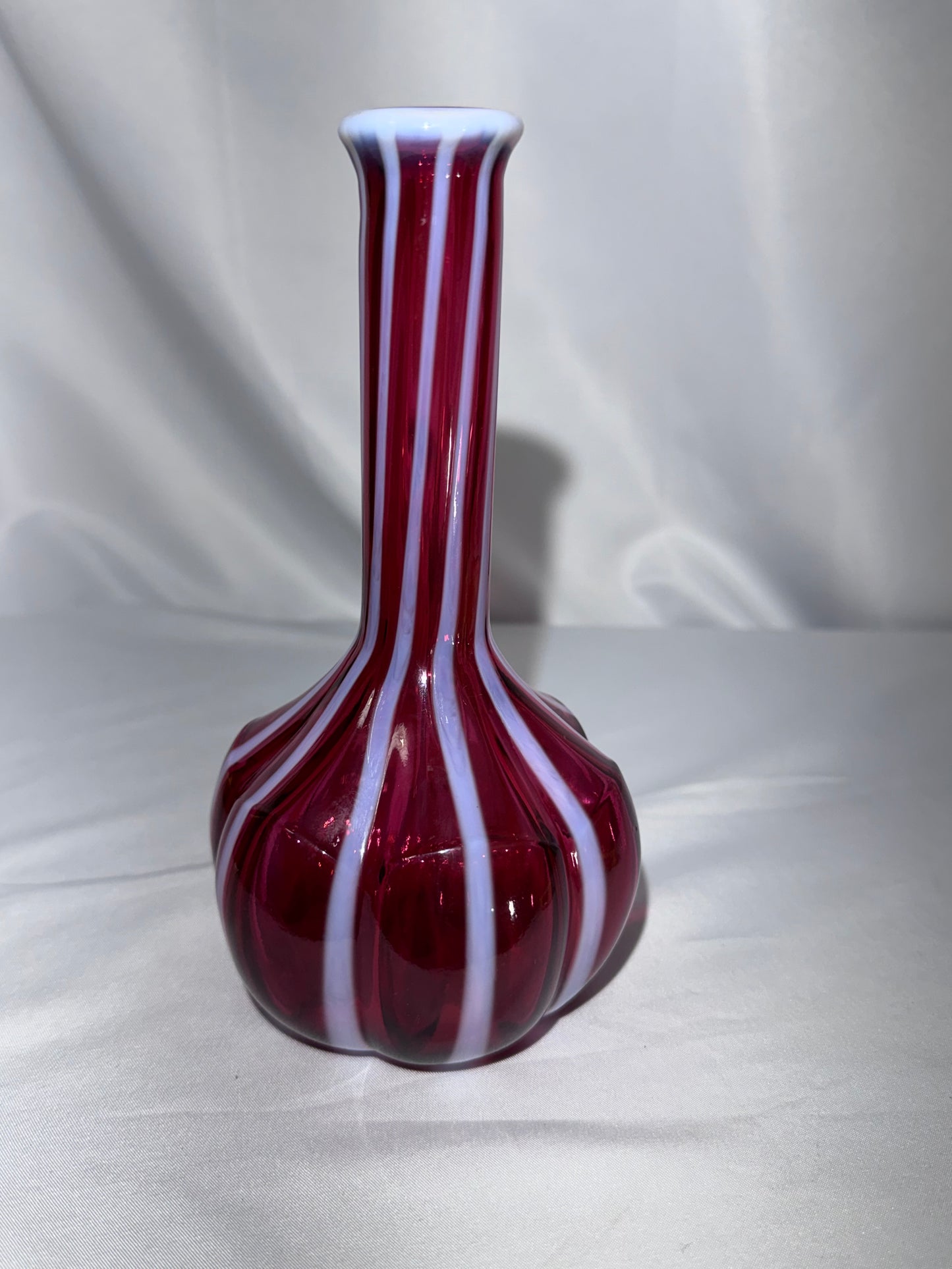 Vintage Fenton Cranberry Opalescent Rib Optic Barber Bottle / Bud Vase – 7.5”
